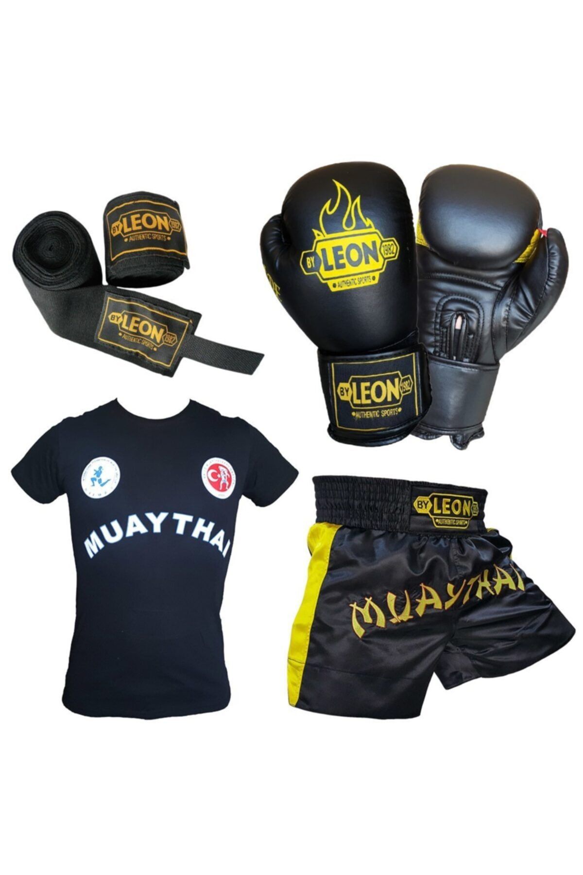 By Leon 1982 Leon Blade Boks Eldiveni, Muay Thai Şortu, Tişört Ve Bandaj Seti Siyah