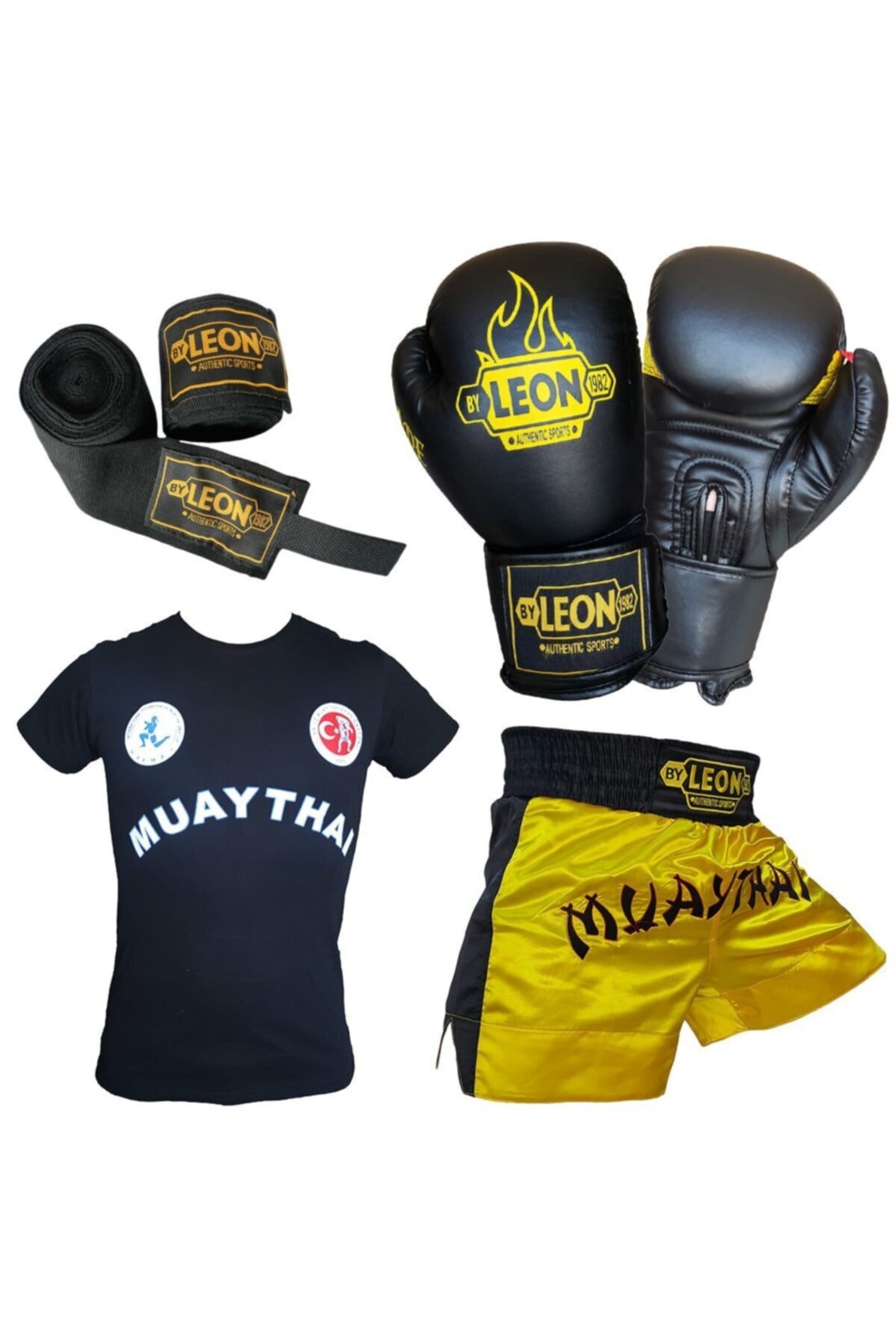 By Leon 1982 Leon Blade Boks Eldiveni, Muay Thai Şortu, Tişört Ve Bandaj Seti Sarı
