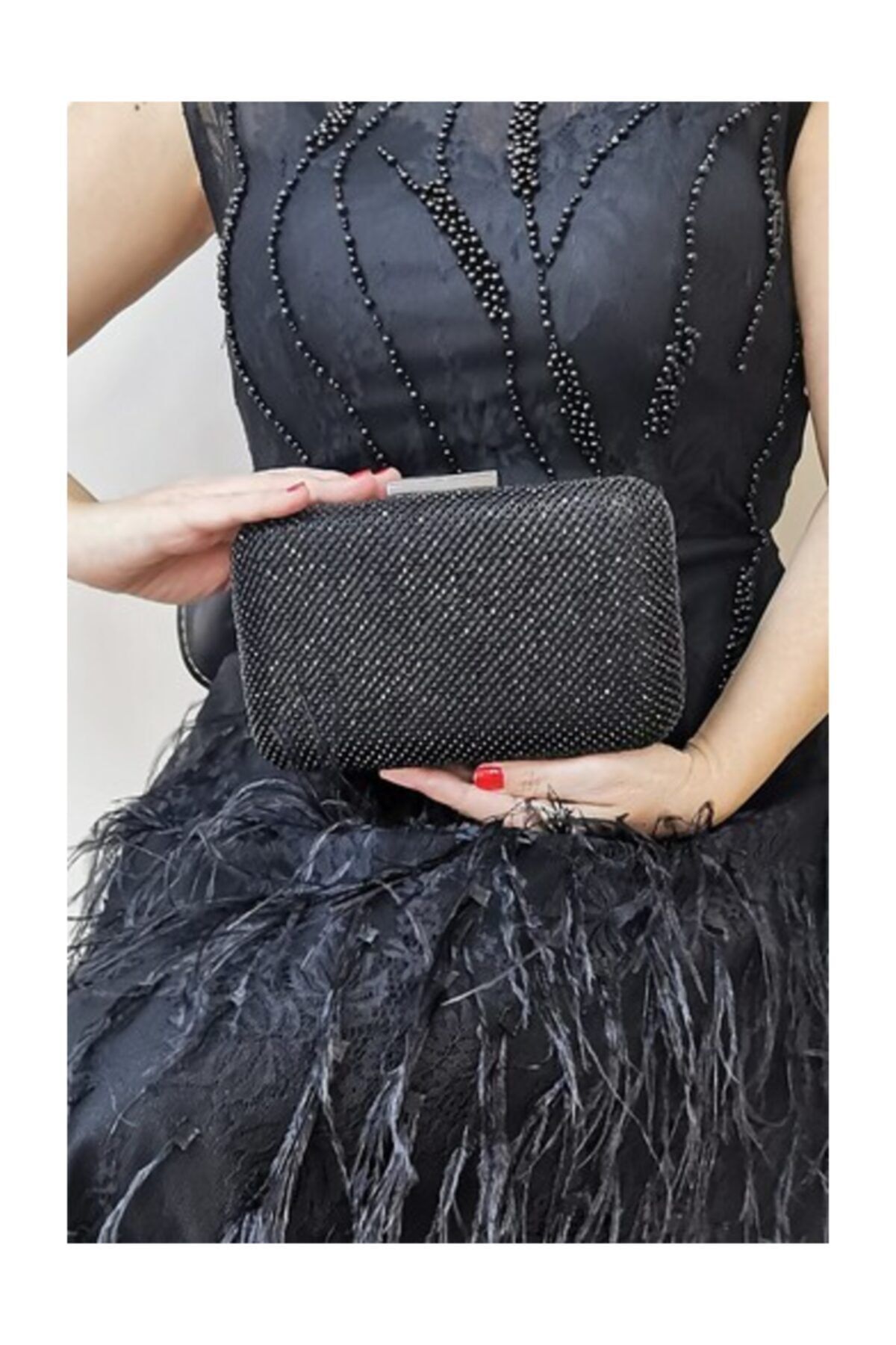 NAZART TAŞLI SİYAH BAYAN ABİYE CLUTCH ÇANTASI