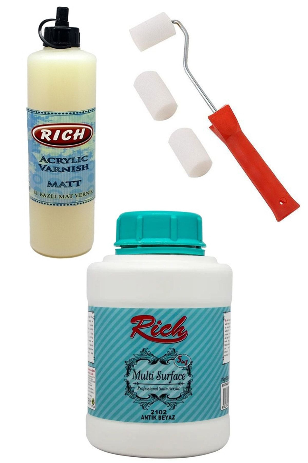 rich zafersanat 3 lu boya seti multisurface 2102 antik beyaz 1750gr mat vernik rulo firca fiyati yorumlari trendyol
