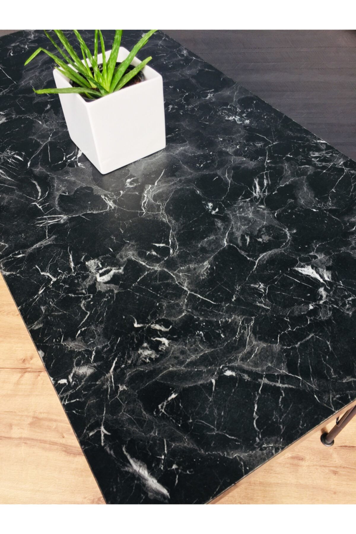 Yirmi15 Metal Ayaklı Siyah Mermer Desen Dekoratif Mutfak Masası 60x120cm