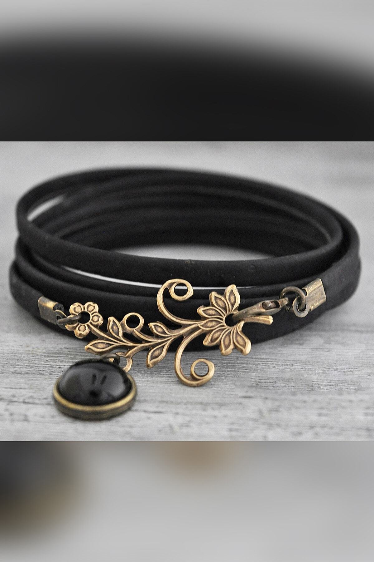 LADYMİRAGE Siyah Akik Orjinal Deri Choker Kolye