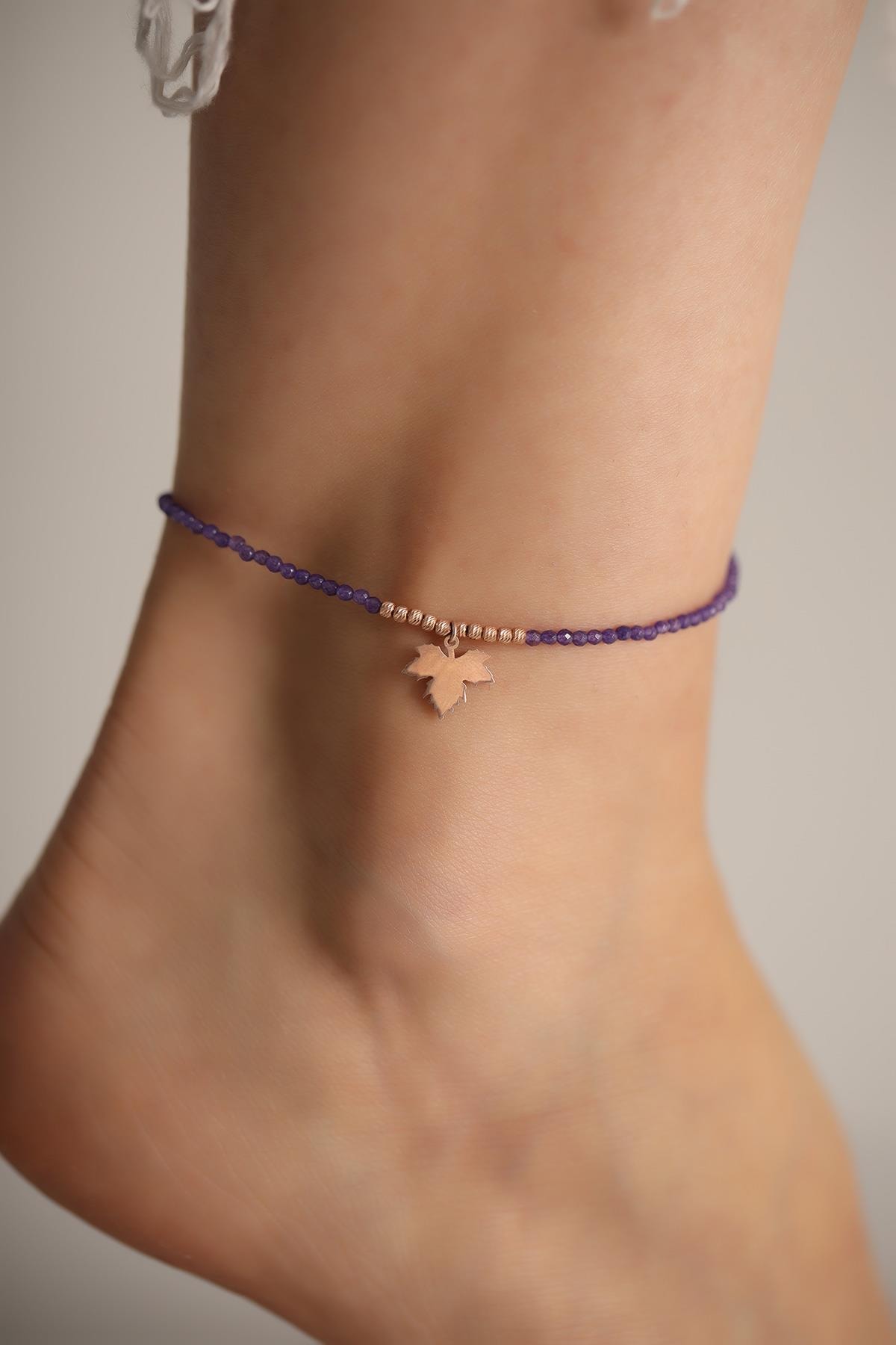 İzla Design Çınar Yaprağı Model Ametist Taşlı Dorika Gümüş İtalyan Halhal