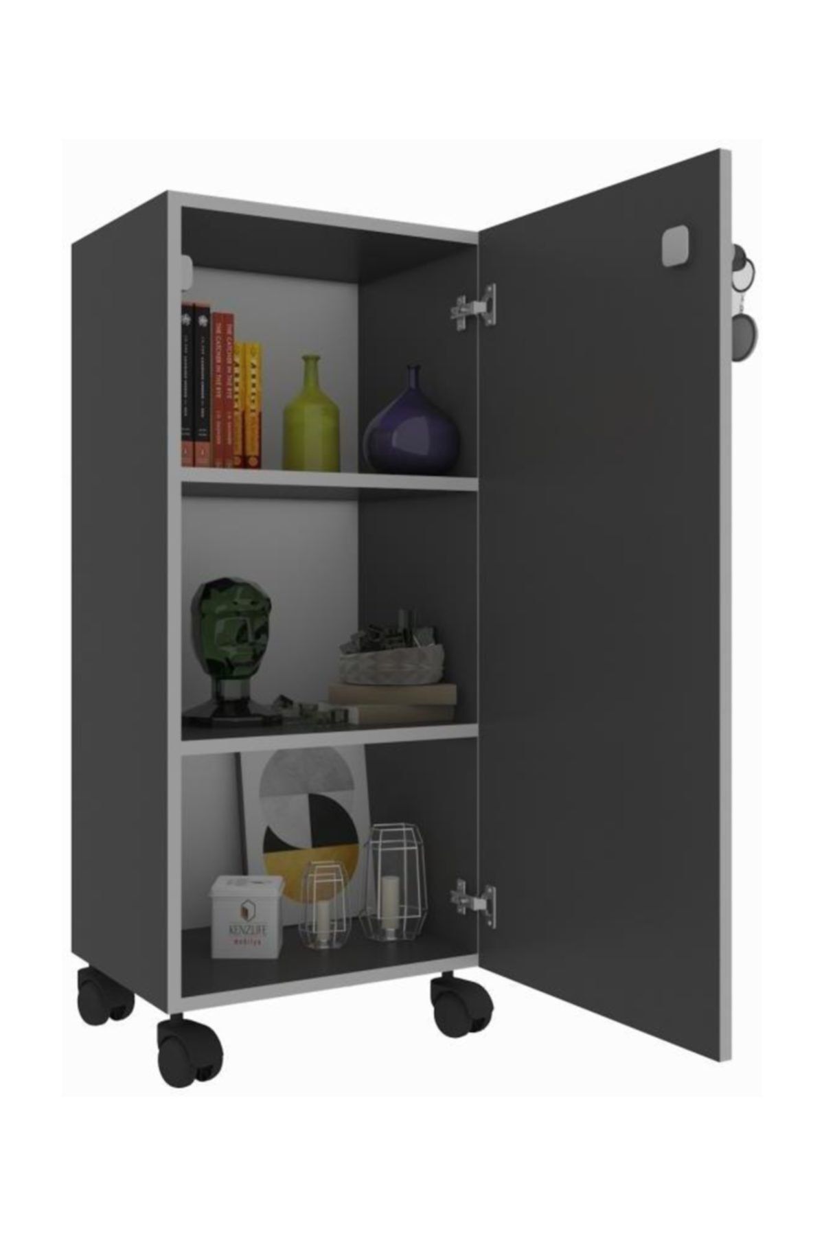 Kenzlife mutfak dolabı zehra 108*050*032 gri kilitli tekerlekli banyo evrak ofis kitaplık ayakkabılı