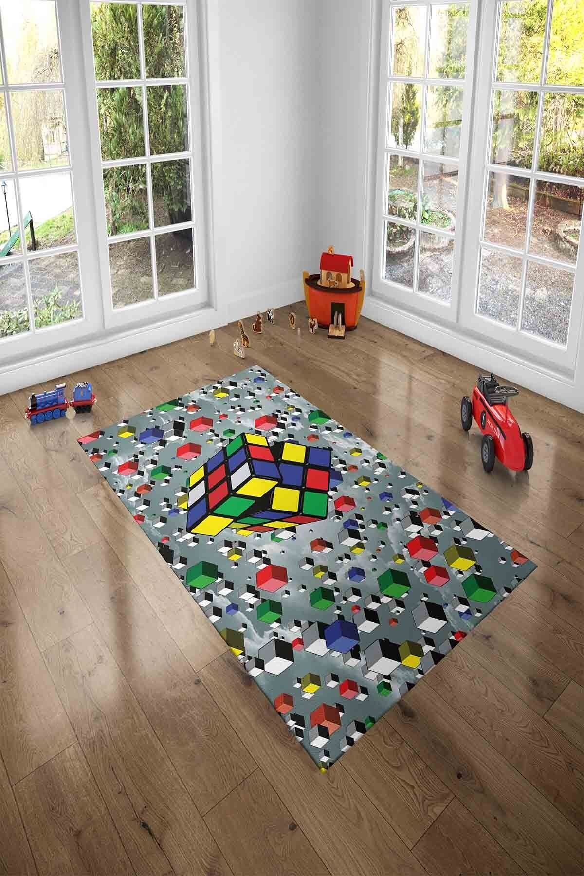 BRANQUSI Çocuk Odası Oyun Halısı Kız Erkek Çocuk Ve Bebek Odası Halısı Rubik Küpler Desenli Çocuk Halısı