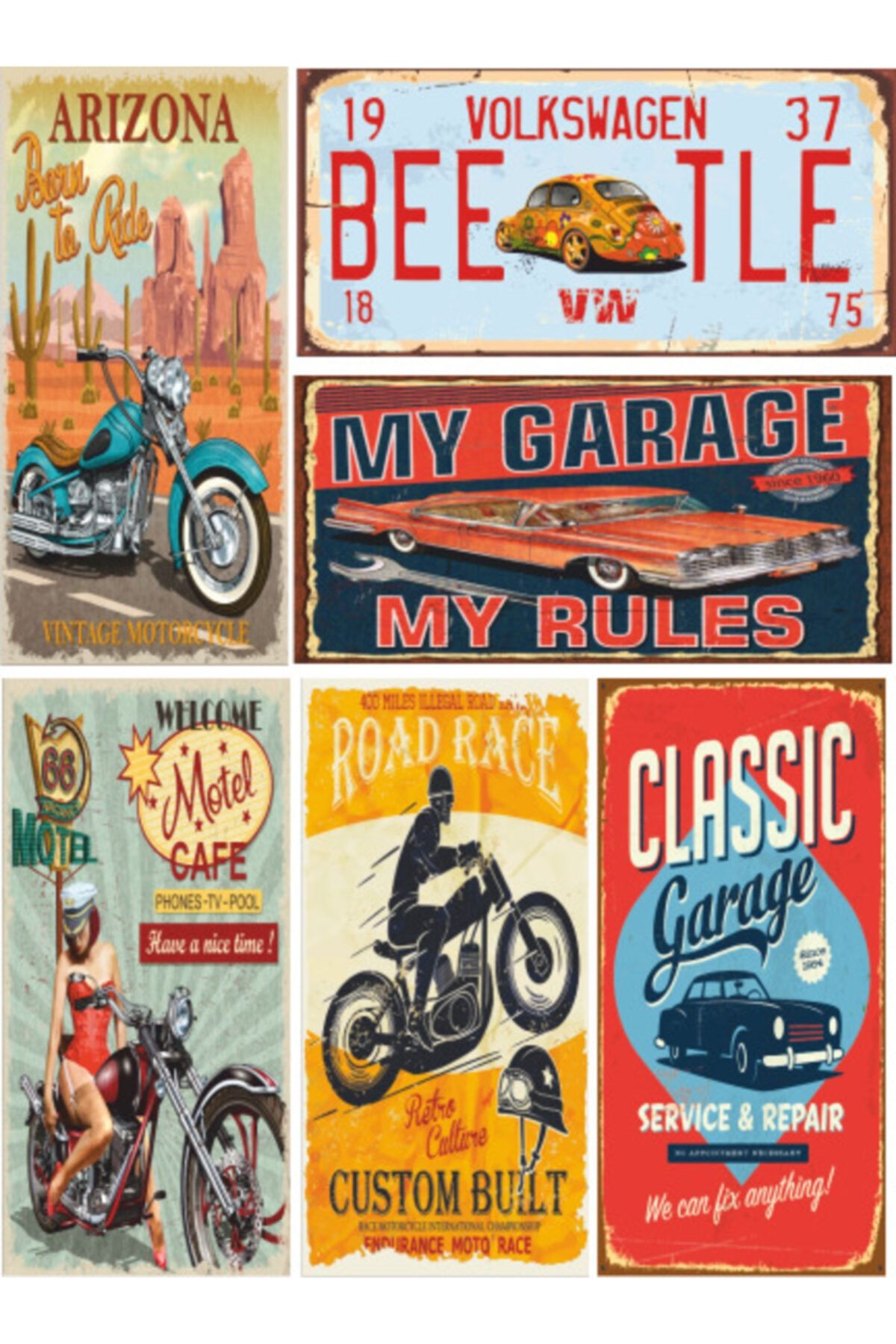Hayat Poster Motor Araba Temelı 6lı Ahşap Poster Seti