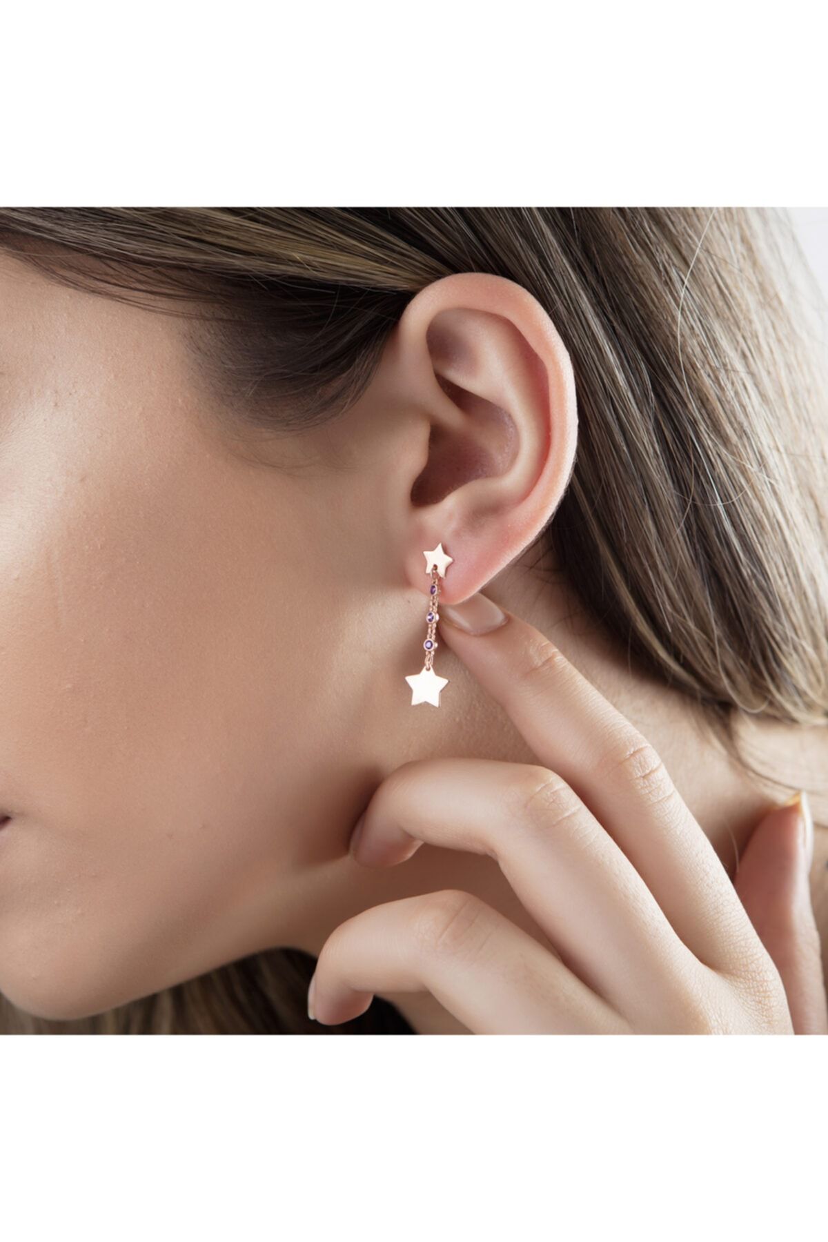 Tayan Jewellery Kırmızı Altin Kaplamalı 925 Ayar Gümüş 3lü Amatist Taşlı Yıldız Küpe