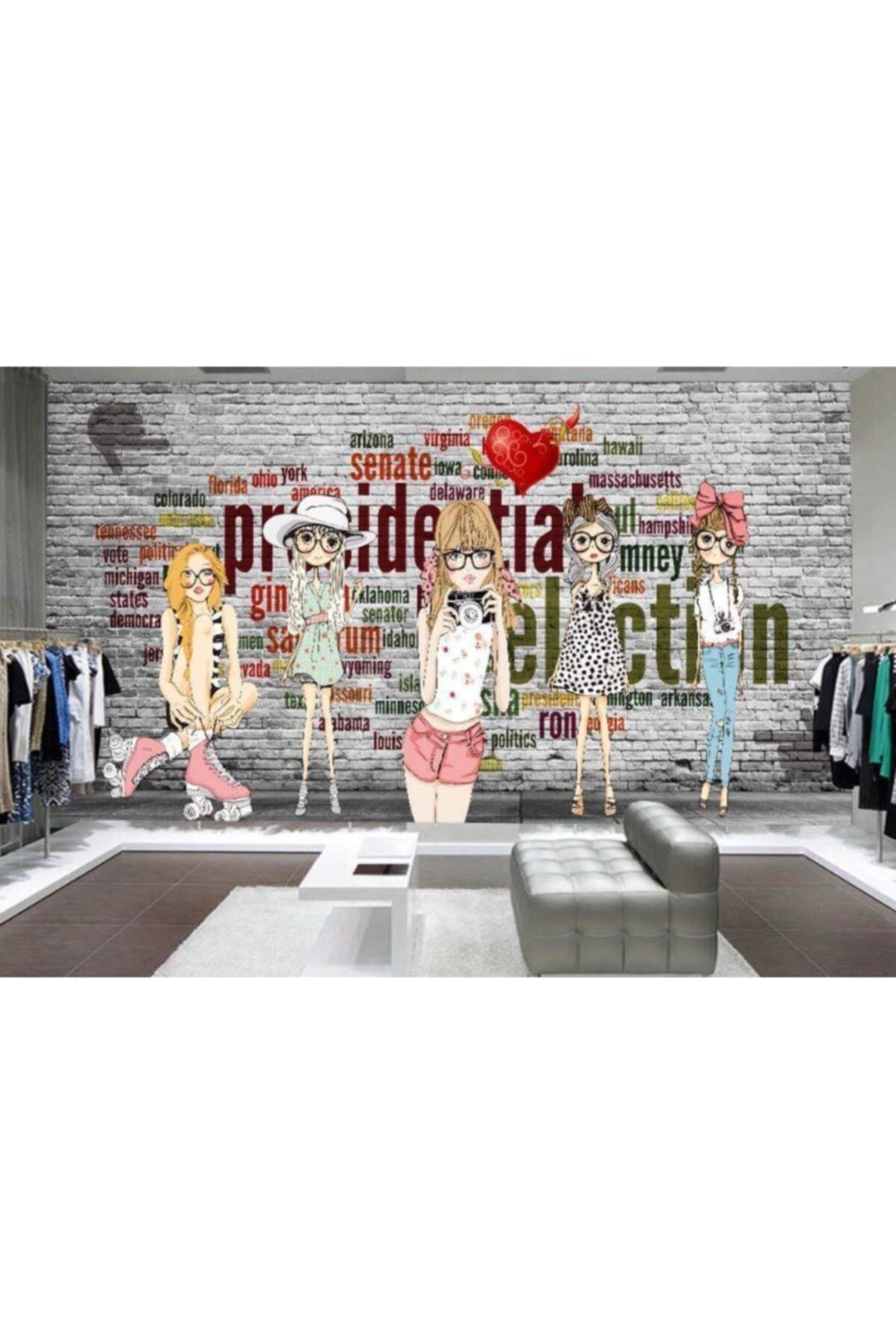Renkli Duvarlar Gri Tuğla Desenli Wallpaper Women Moda Özel Tasarım Duvar Kağıdı 5.00x2.70