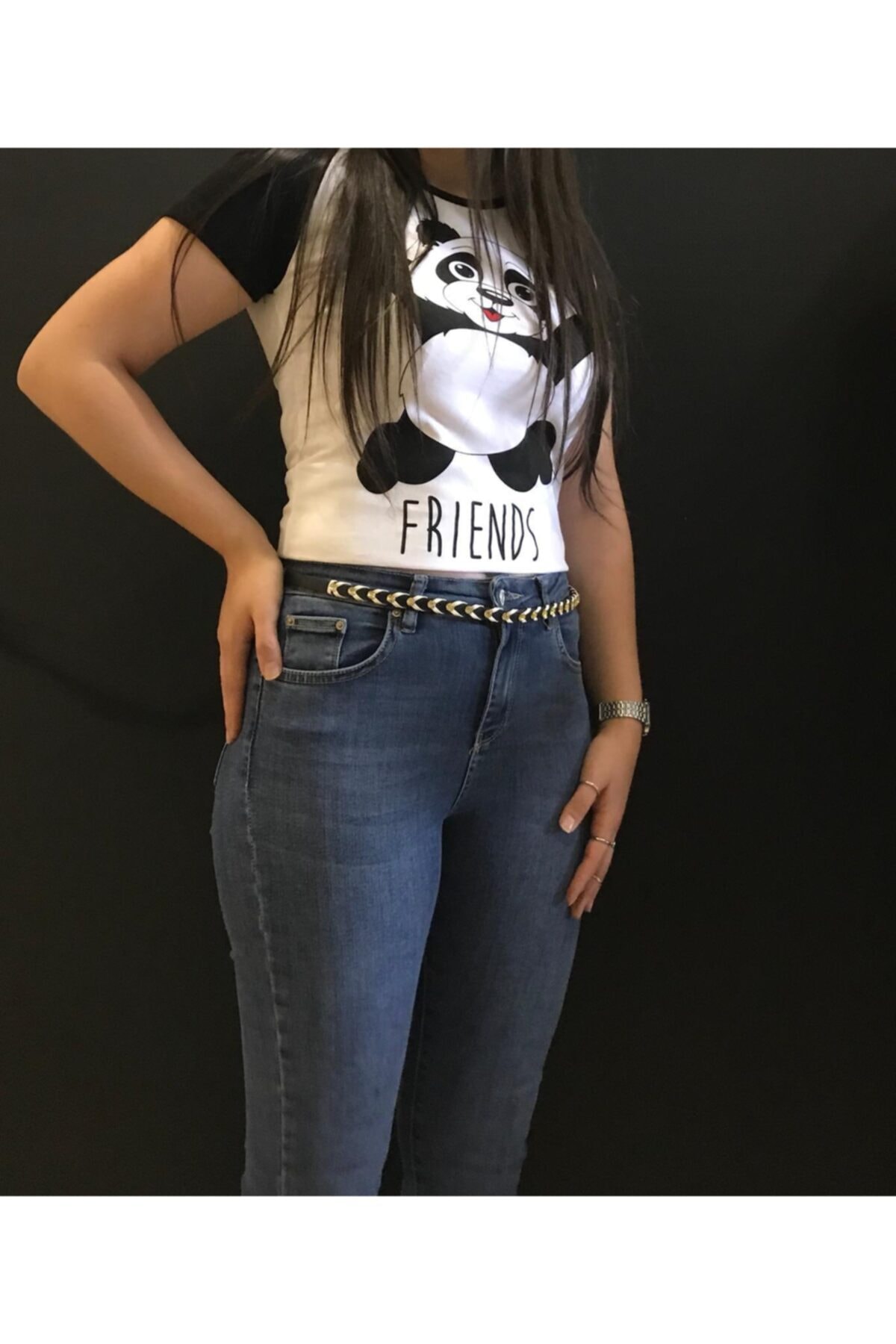 Panda Kadın Siyah Kristal Taş Detaylı İnce Kemer