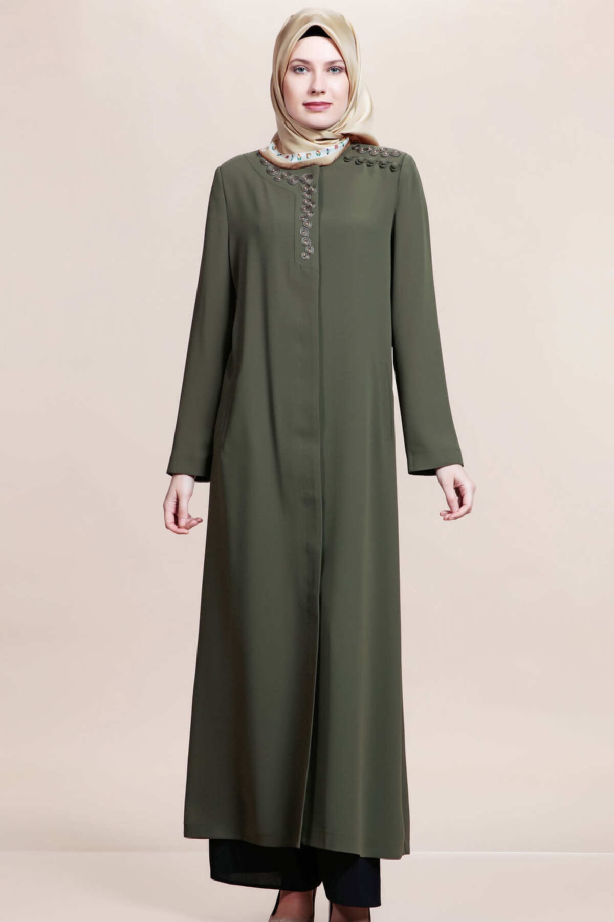 SELAM Kadın Yeşil Omuz Desenli Uzun Pardesü