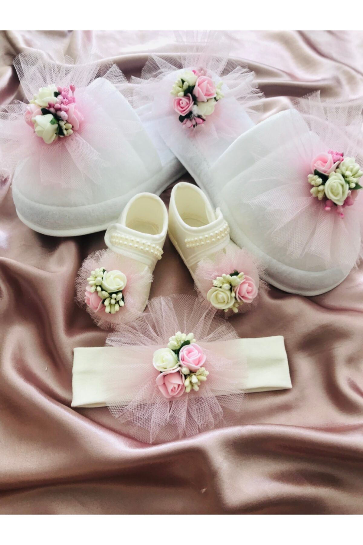 Hüner aksesuar Pembe Çiçek Kristal Tüllü Anne Bebek Lohusa Tacı Ve Terliği