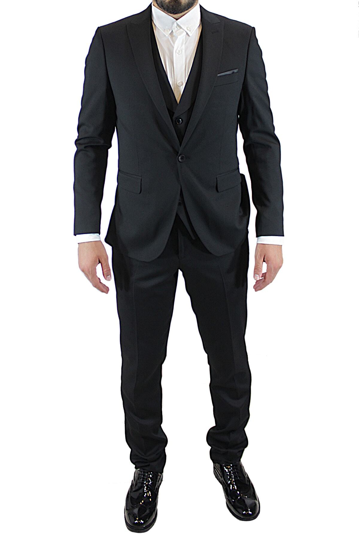 TANİŞ GİYİM Erkek Siyah Slim Fit Armürlü Yelekli Takım Elbise