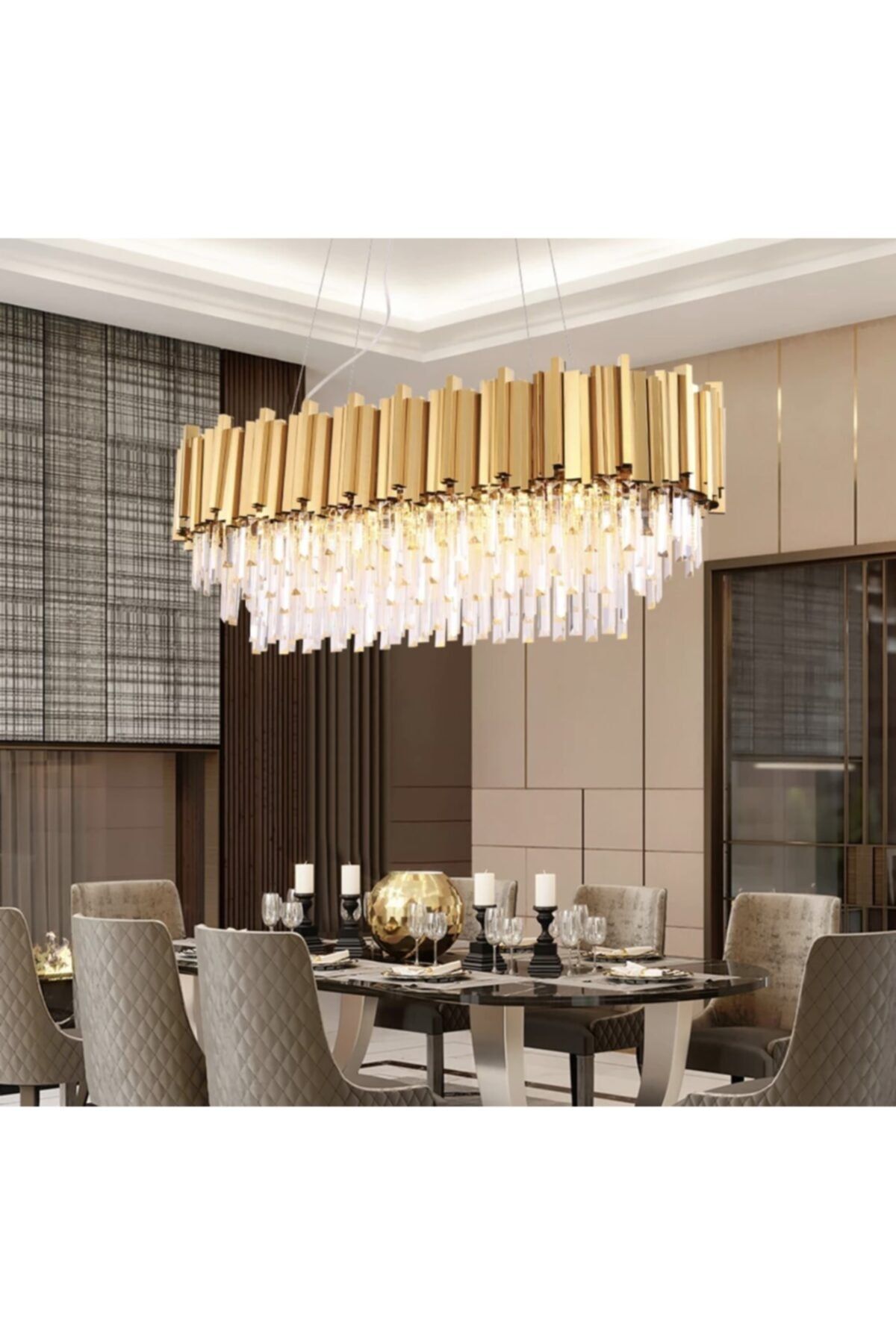 burenze A+ Lüks Modern Kristal Taşlı Sarkıt Avize Gold Sarı Yemek Masası