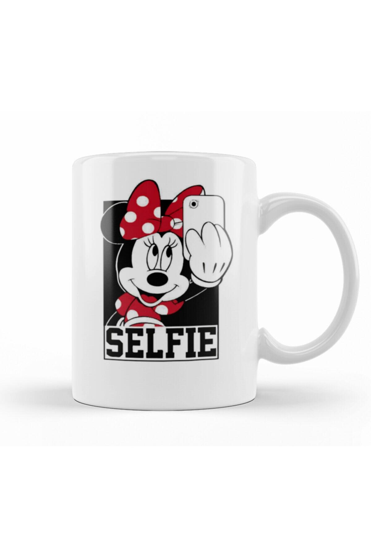 Baskı Dükkanı Beyaz Miki Mouse Minnie Tirando Selfie Baskılı Kupa Bardak Porselen