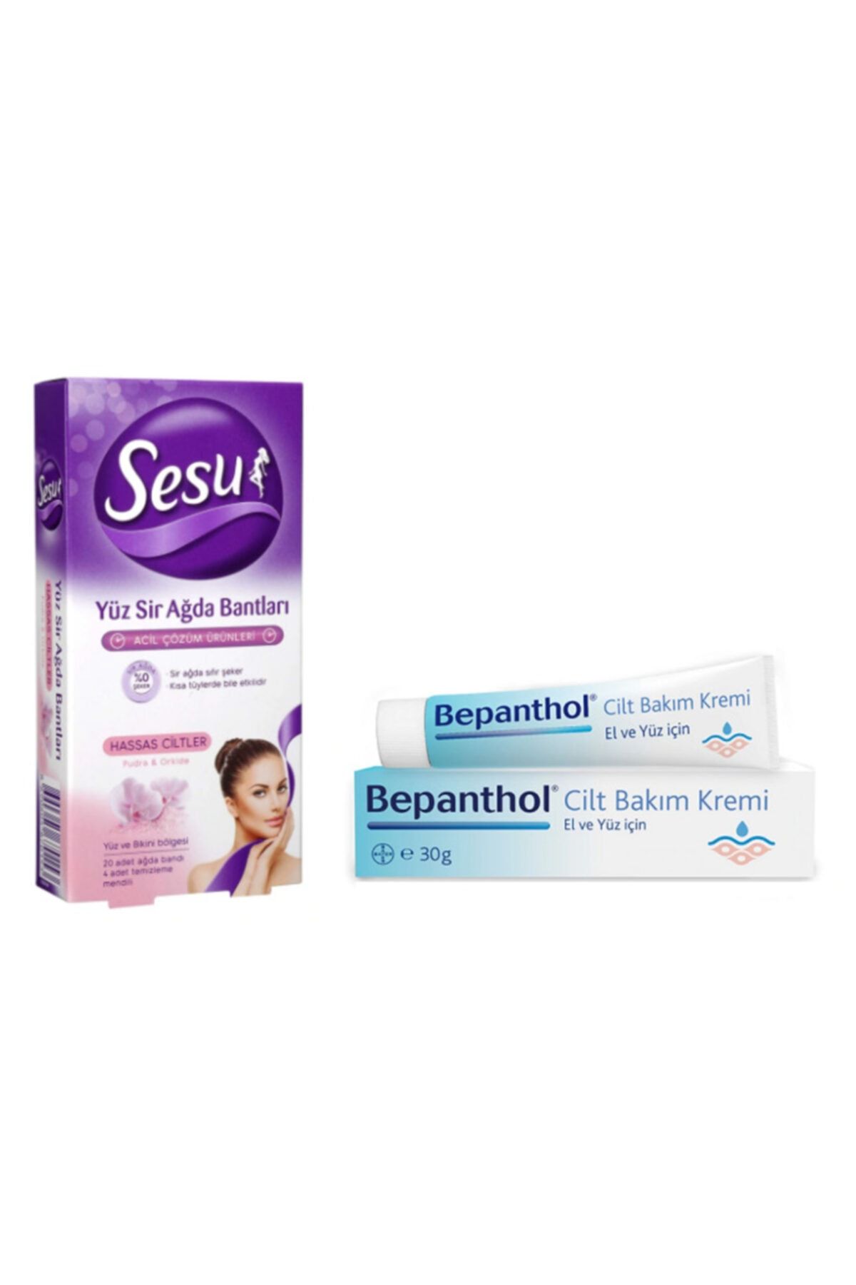 Sesu Sir Ağda Bandı Yüz Hassas Cilt 20'li + Bepanthol Cilt Bakım Kremi 30 gr