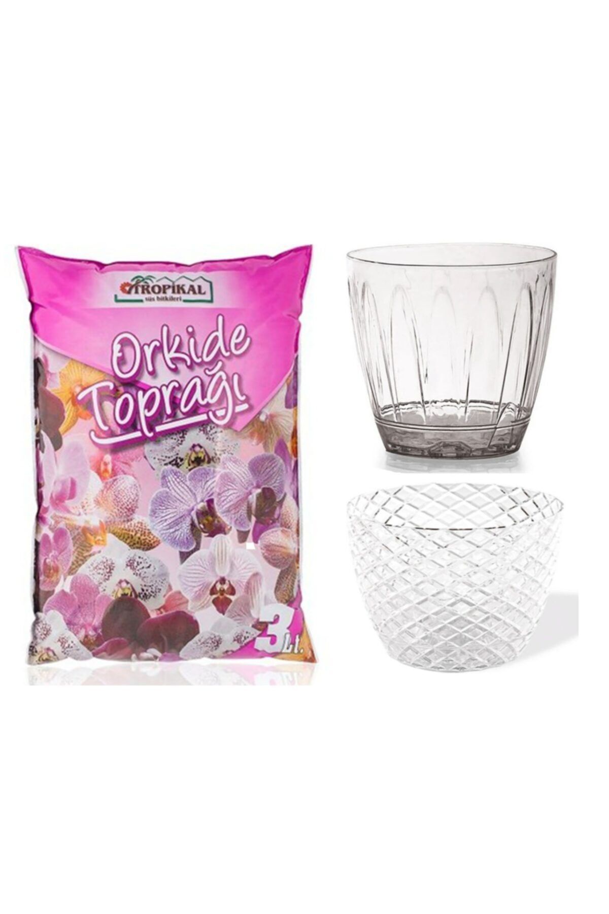 SERİNOVA Orkide Toprağı (3lt)  Kristal saksı (1,5 lt) - Sade saksısı şeffaf (1,5lt) - Besili orkide toprağı