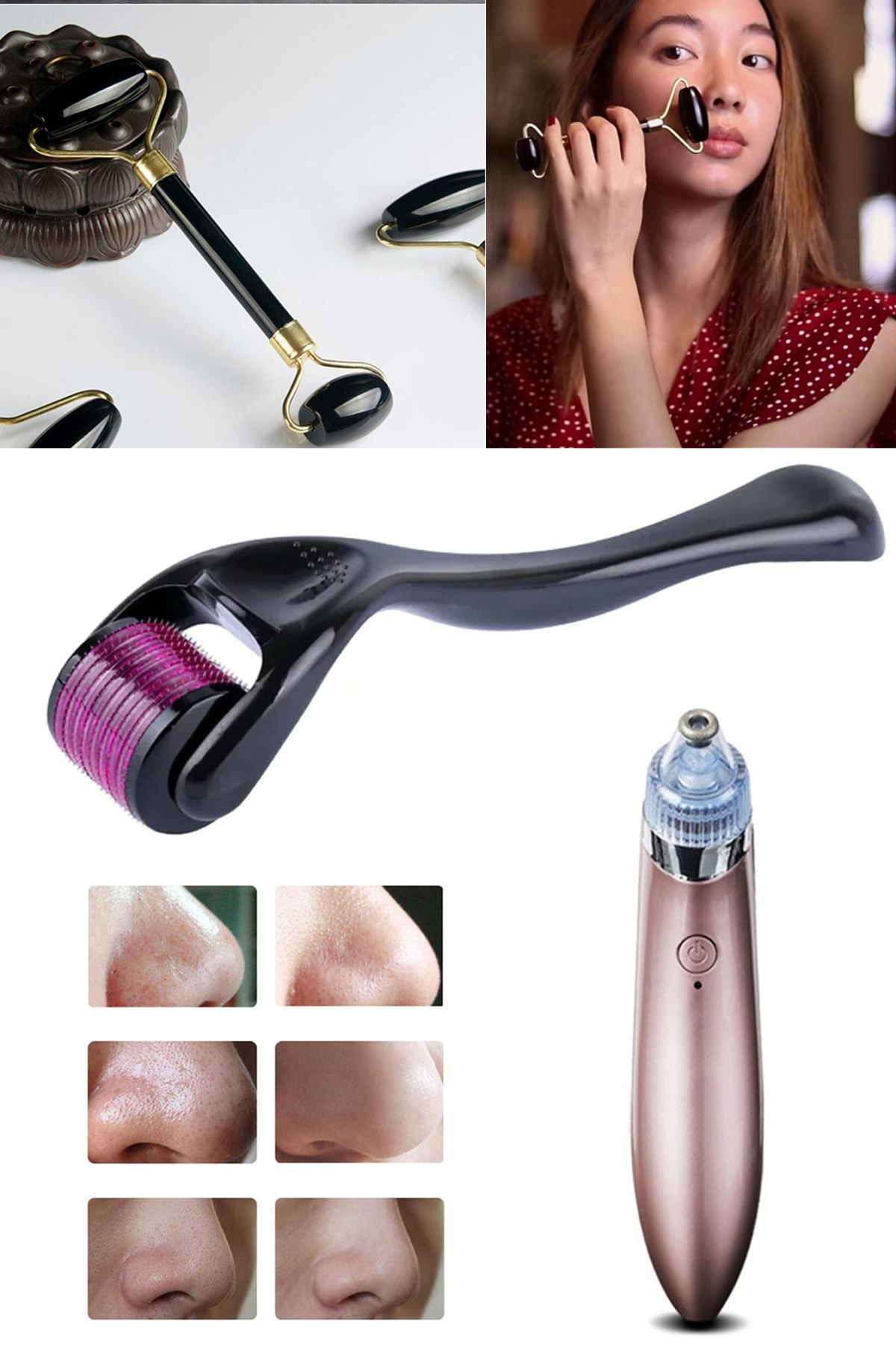 xolo 4 in 1 Vakumlu Şarjlı Yüz Temizleme + Dermaroller 1,5 mm + Jade Roller Siyah Yeşim Taşı 1