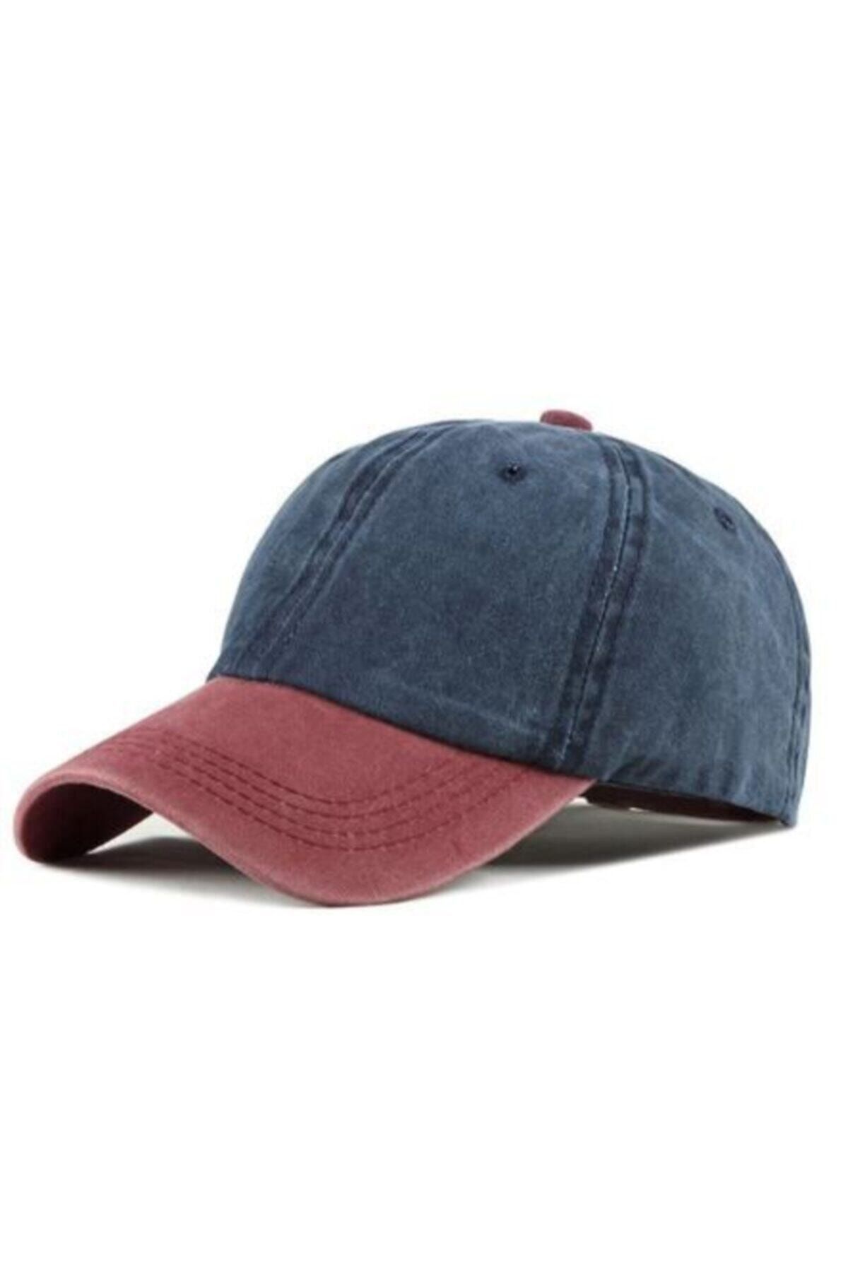 DMONA Unisex Bordo Mavi Eskitme Kot Şapka Baseball Sport Hat