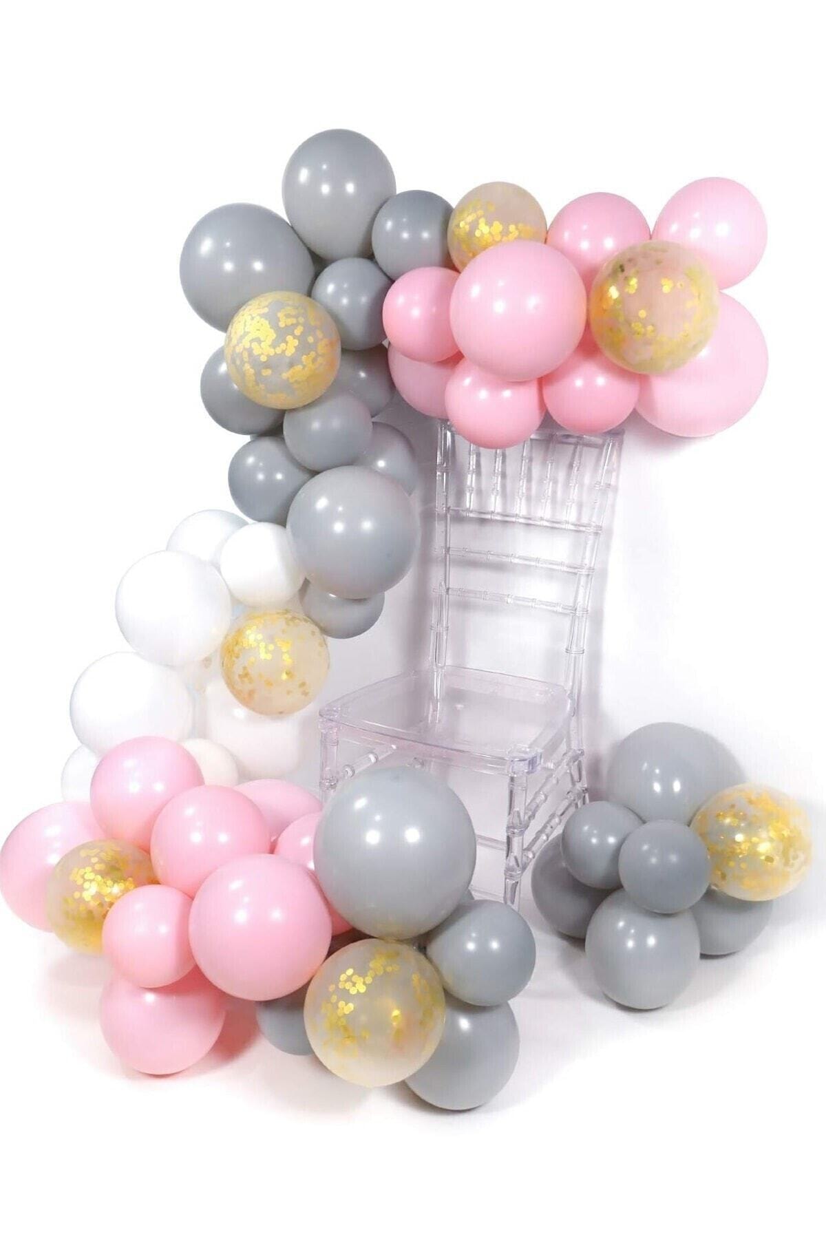 partisüs Zincir Balon Makaron Pembe Gri Konfetili Balon 5 Metre