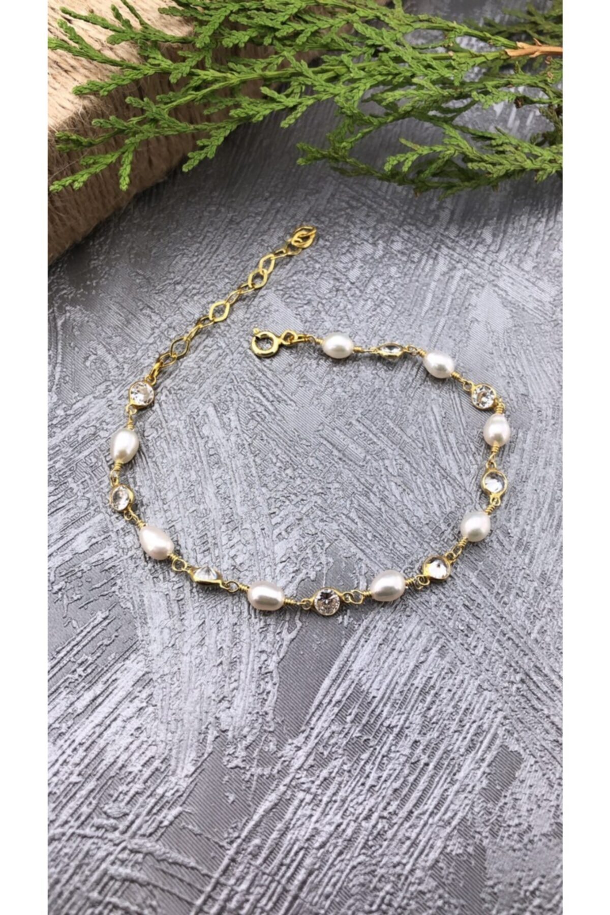 Joel Jewelry El Yapımı Inci Doğal Taşlı Altın Kaplamalı Gümüş Bileklik