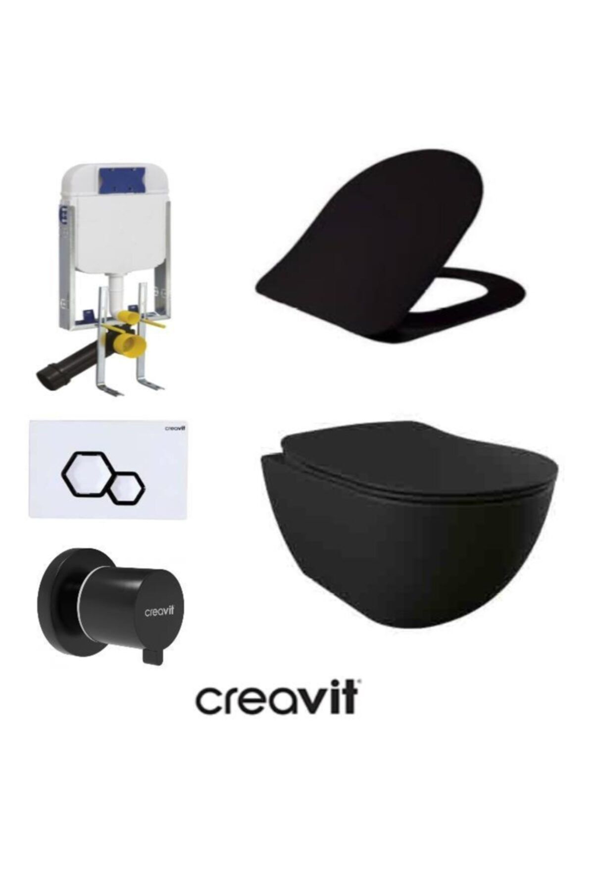 Creavit Gr5001- Fe320 5 Parça Siyah Mat Asma Klozet Gömme Rezervuar Seti