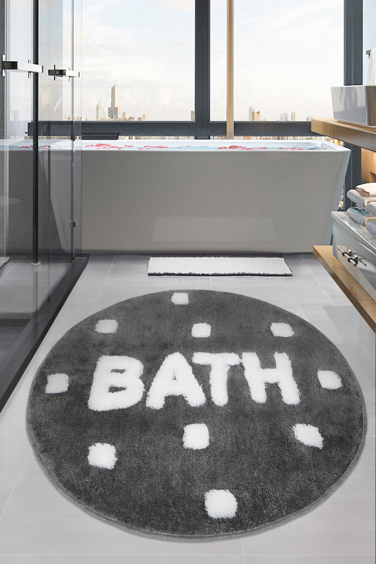 Chilai Home Bath Füme 90x90 Cm Banyo Paspası, Banyo Halısı Kaymaz Tabanlı