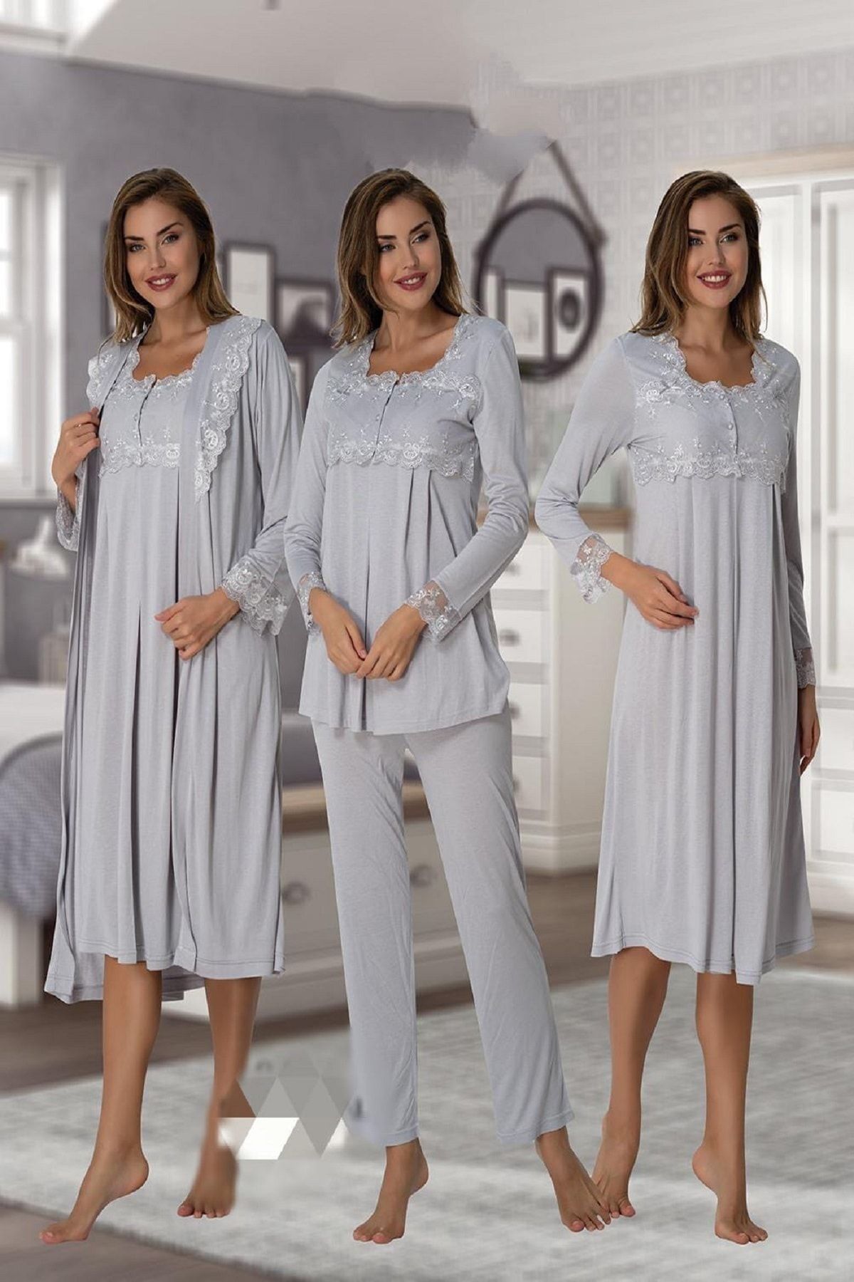 kaktüslohusa Effort Kadın Gri Uzun Kollu Pijama Takımı Gecelik Sabahlık Lohusa Hamile 4'lü Set 2405
