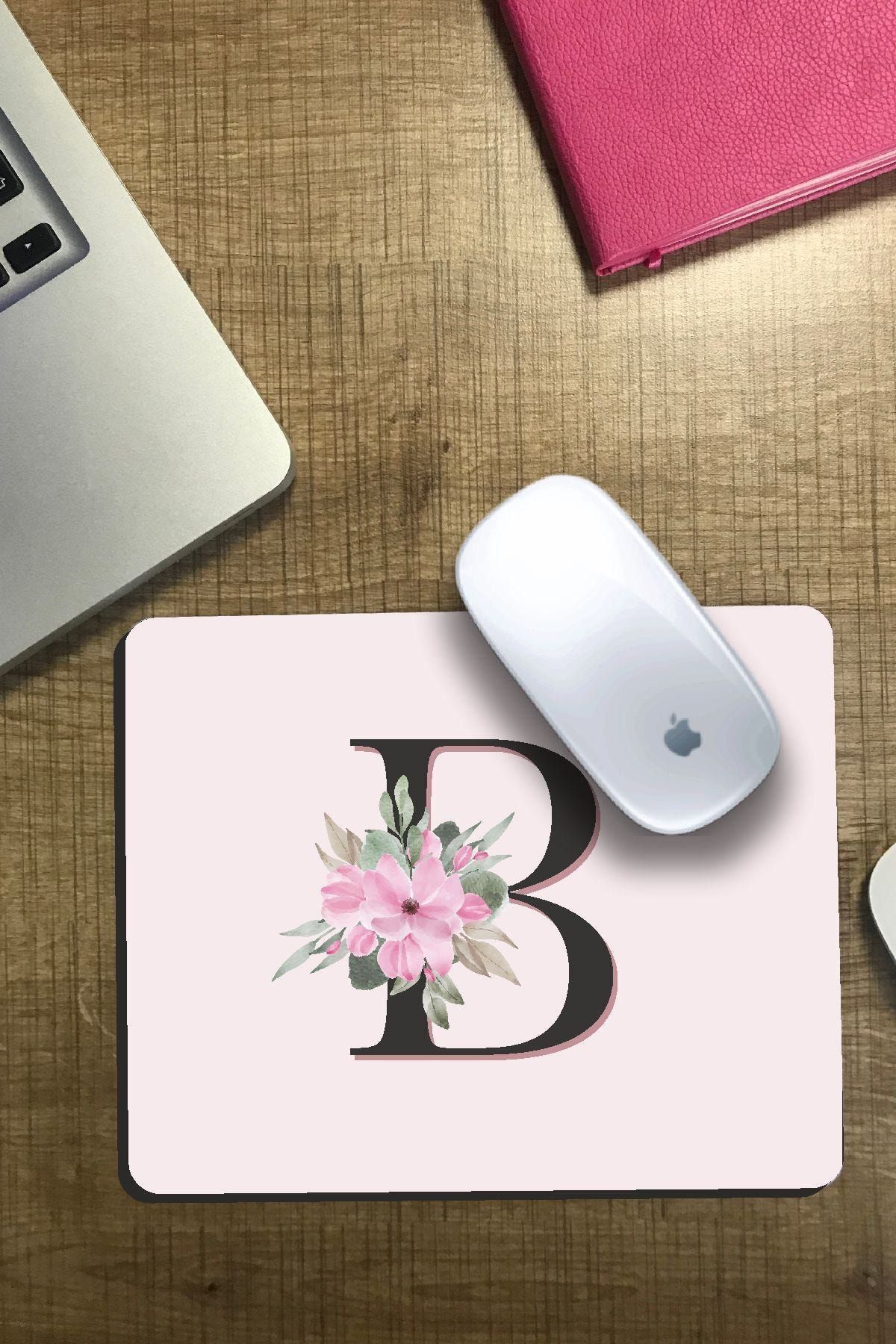 özel hediyem Çiçek Desenli Pembe B Harfi Mouse Pad