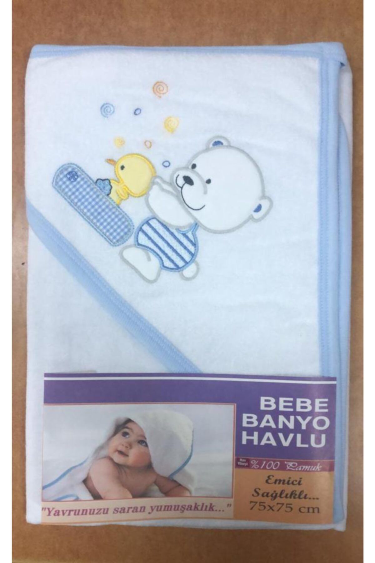 erdem çeyiz 75x75 %100 Pamuk Antibakteriyel Nakışlı Bebek Havlusu Mavi