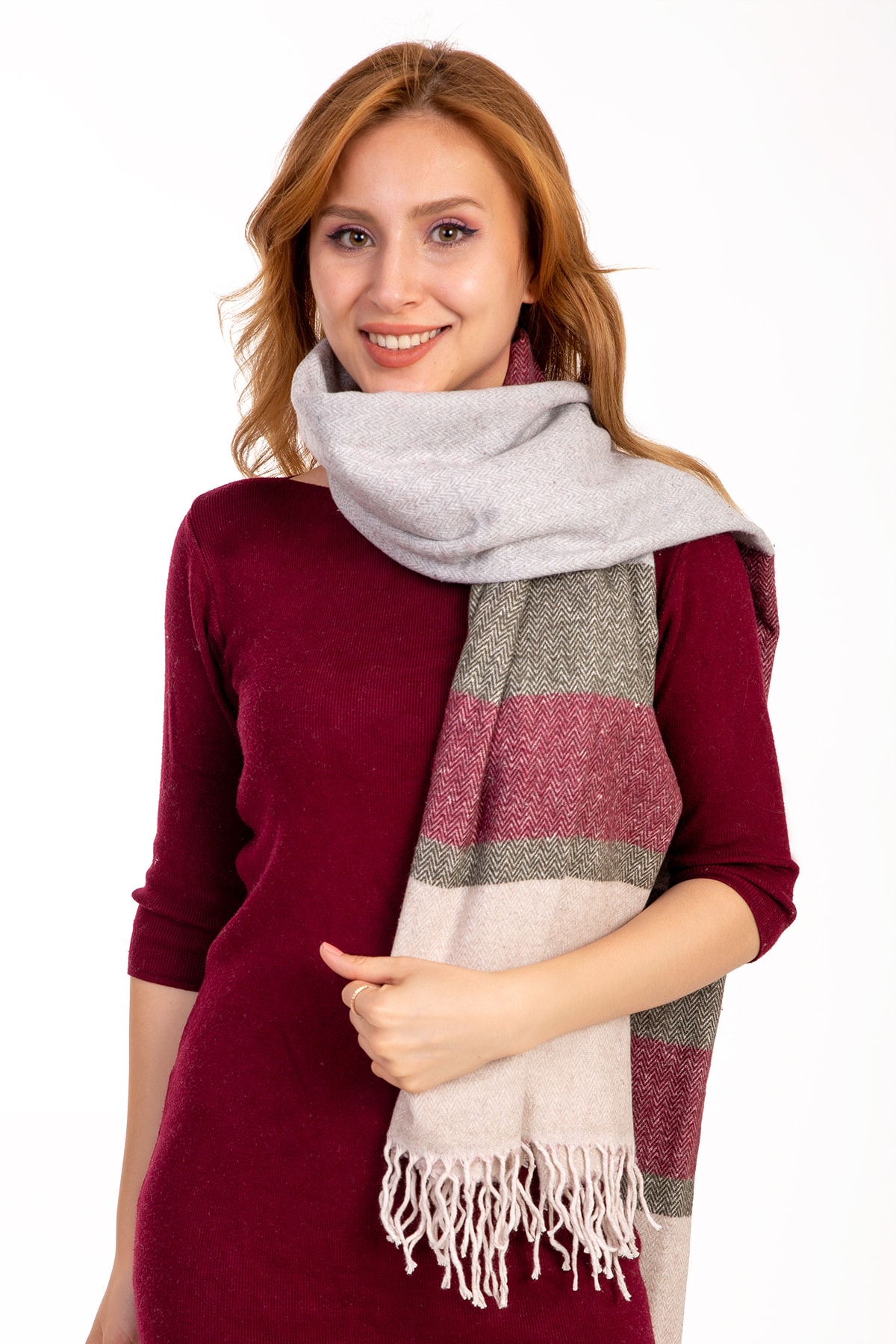 LadyColor Kadın Bordo Desenli Atkı