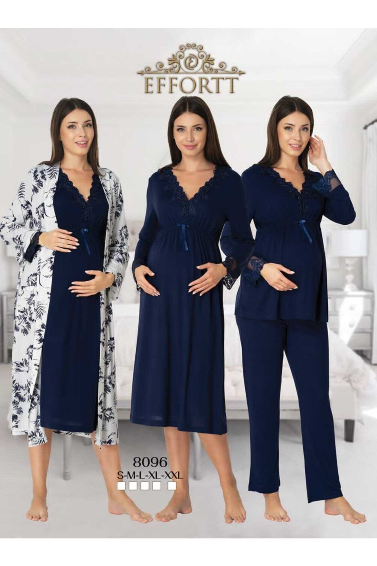 Effortt Kadın Lacivert Hamile Lohusa Gecelik Sabahlık Pijama Takımı 4'lü Set