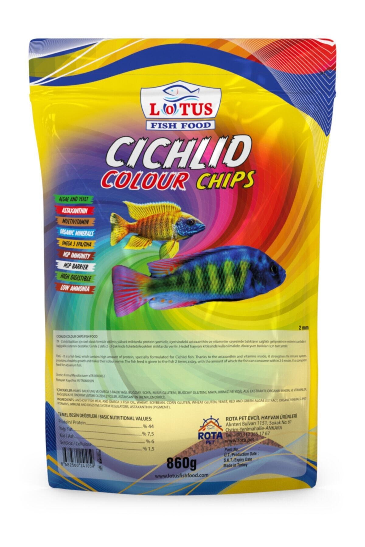 Lotus Malawi Cichlid Colour Chips 860g Poşet Astaxanthin Algea Akvaryum Balık Renklendirme Yemi