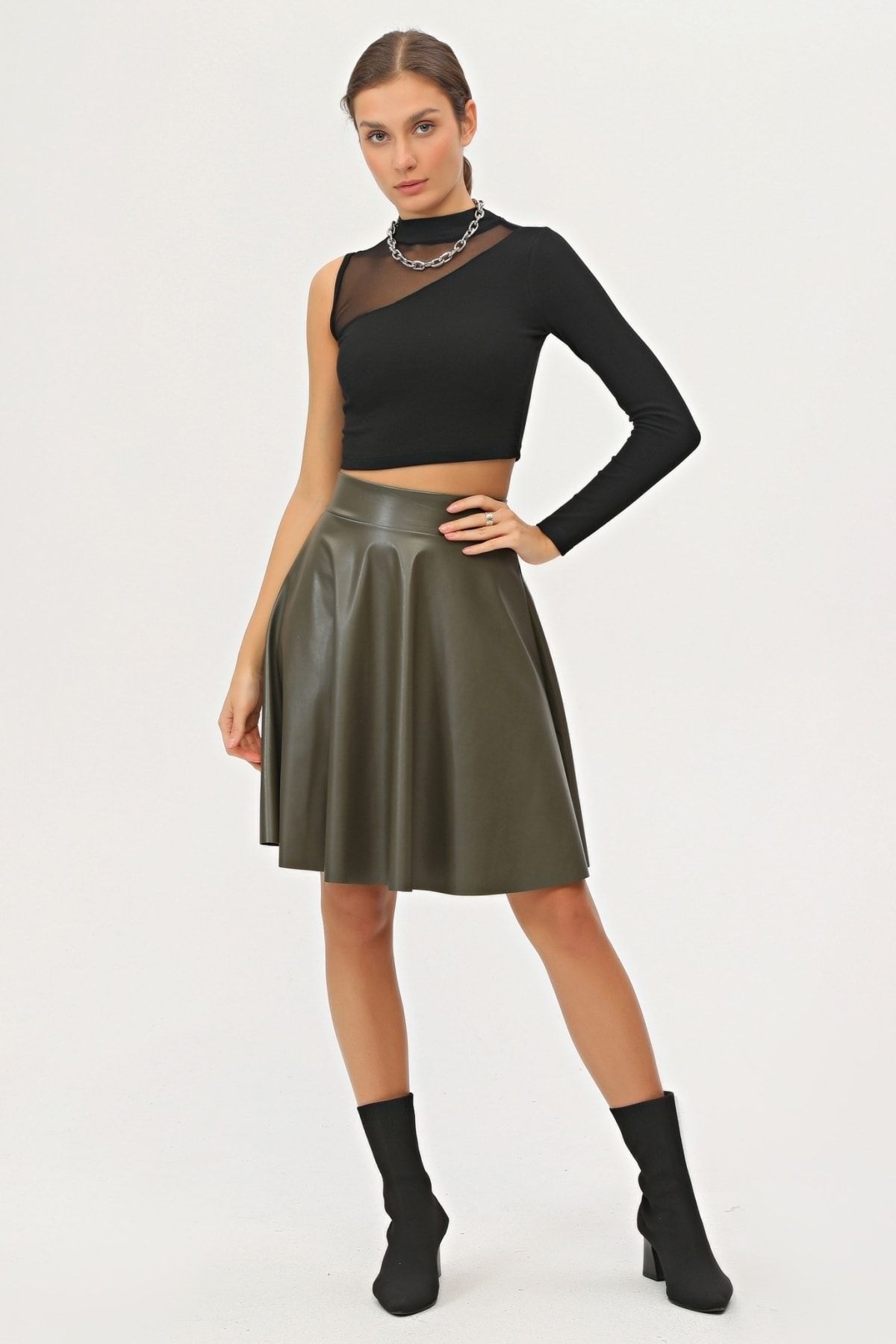 Khaki new arrivals leather skirt