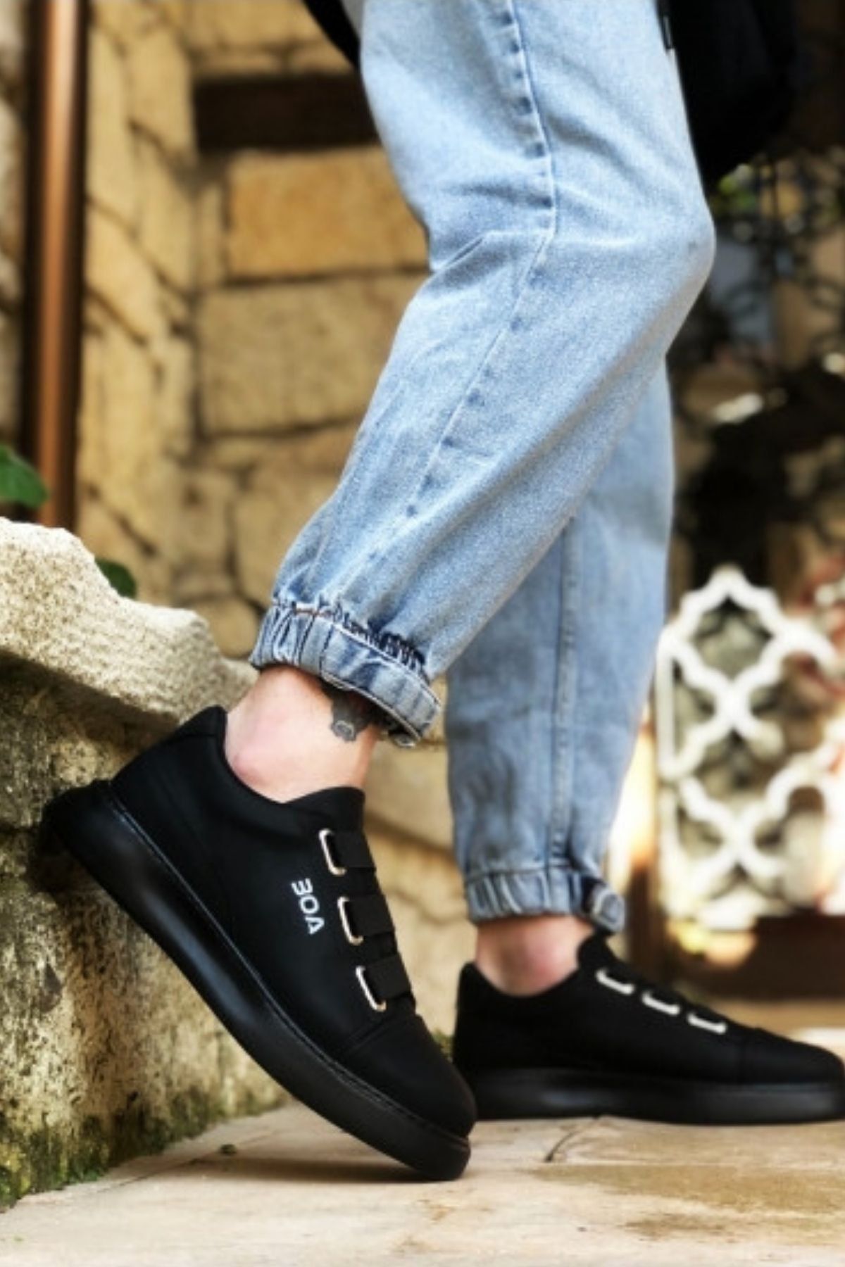 BOUIS Men s Black Casual Strappy Faux Leather Comfortable Sneaker