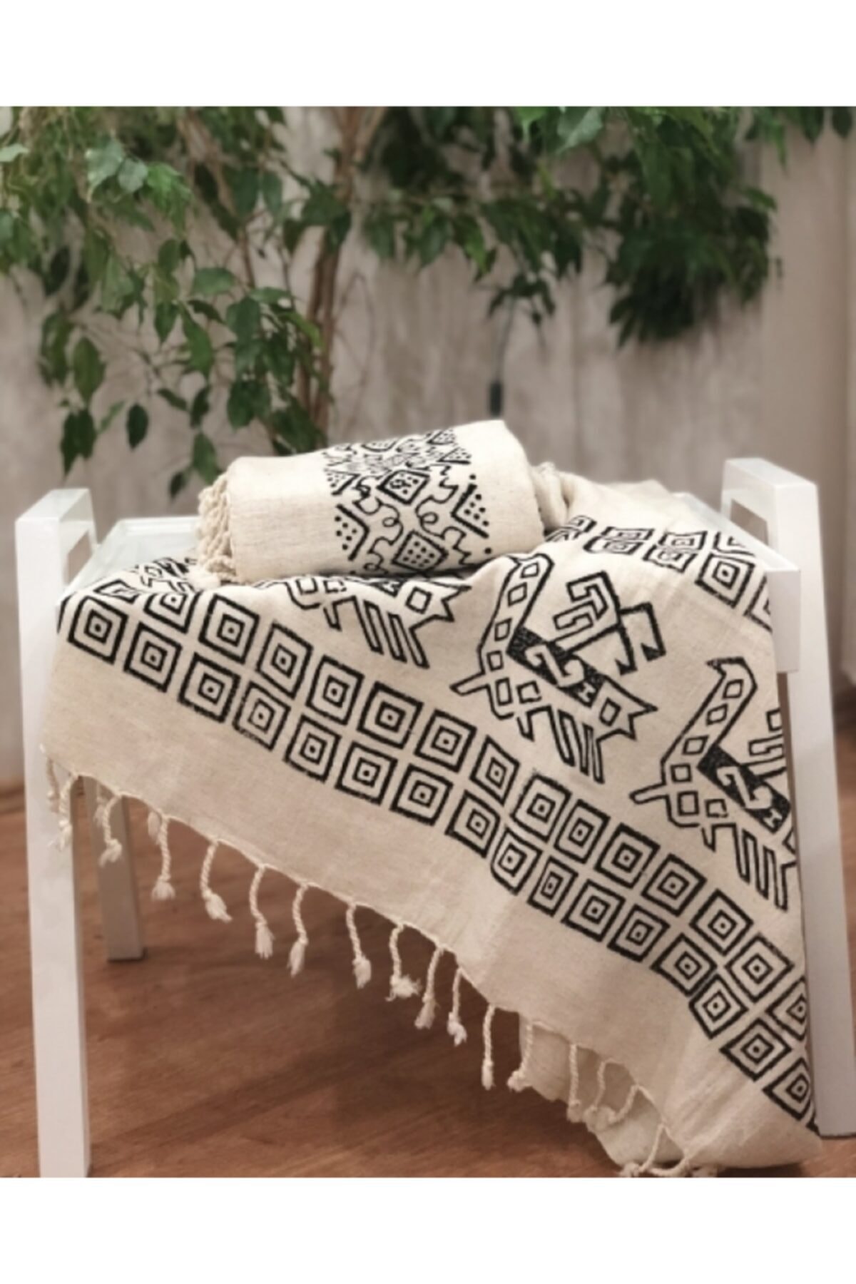vasmina Bej Pamuk Keten Hitit Taş Baskı Peştemal 95x165 cm