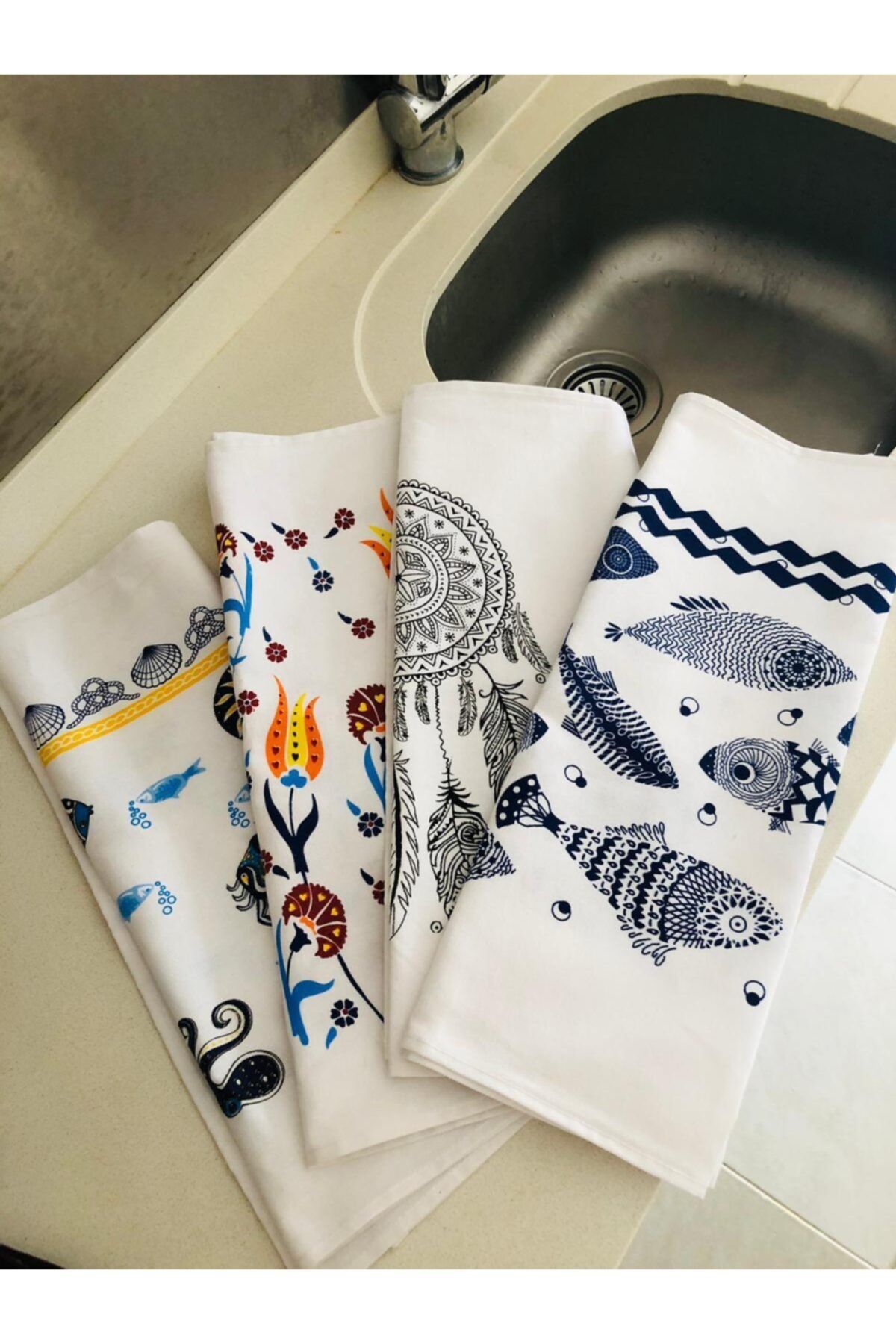Cihan Gürel Home Collection Beyaz 4lü Baskılı Mutfak Kurulama Bezi