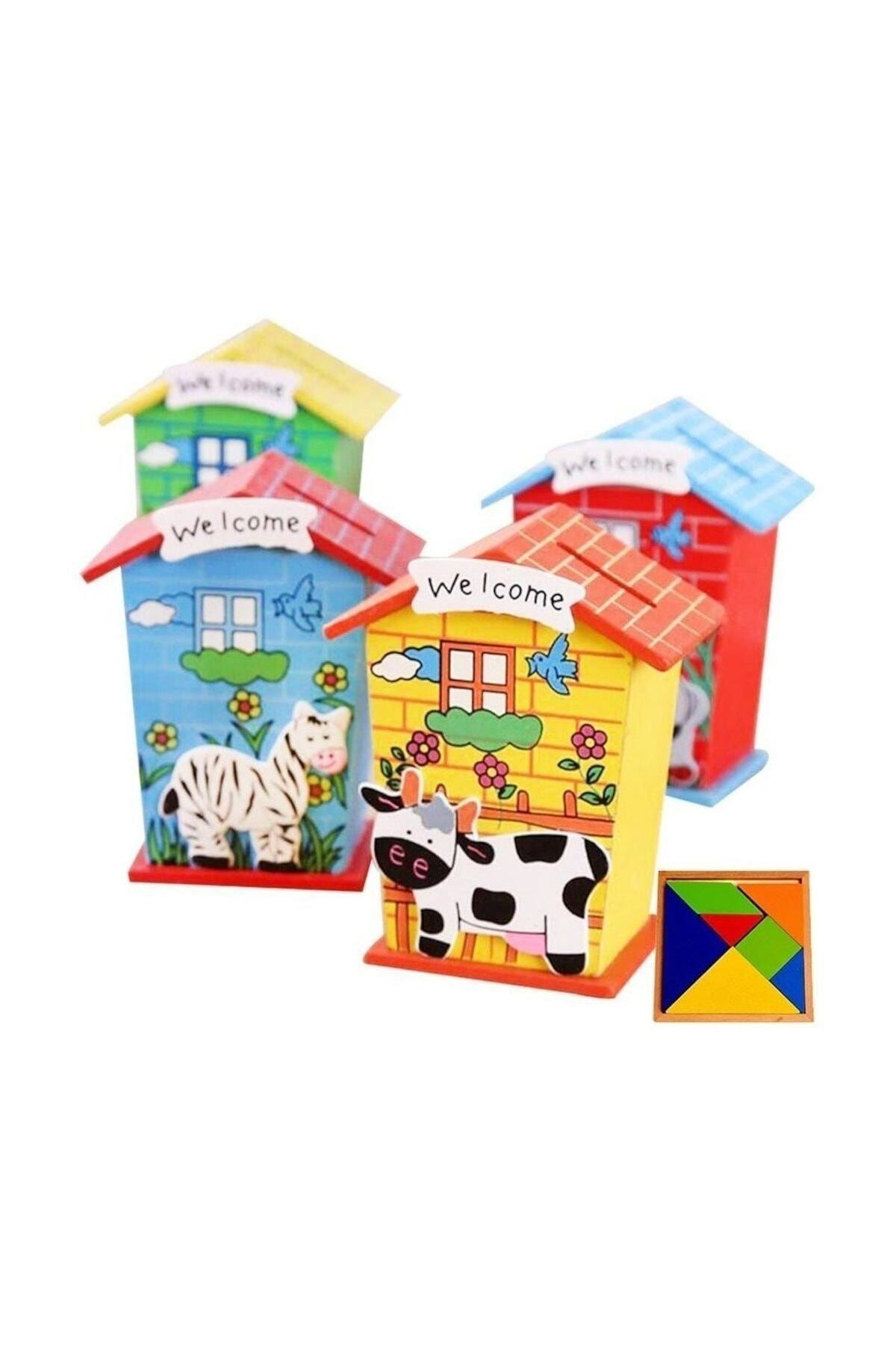 HAMAHA Ahşap Renkli Figürlü Çocuk Kumbara Ev Modeli+tangram Hediye