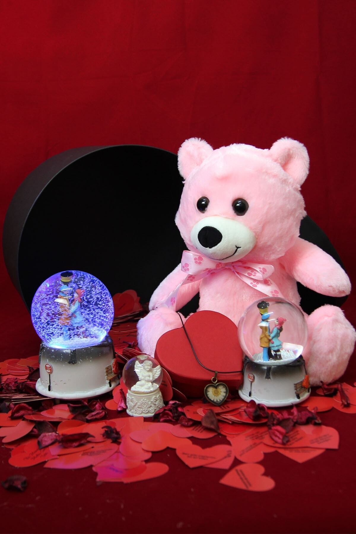 mercantoptan Sevgiliye Kutu Dolusu Kar Küreleri Peluş Ayı Kalpkutulu