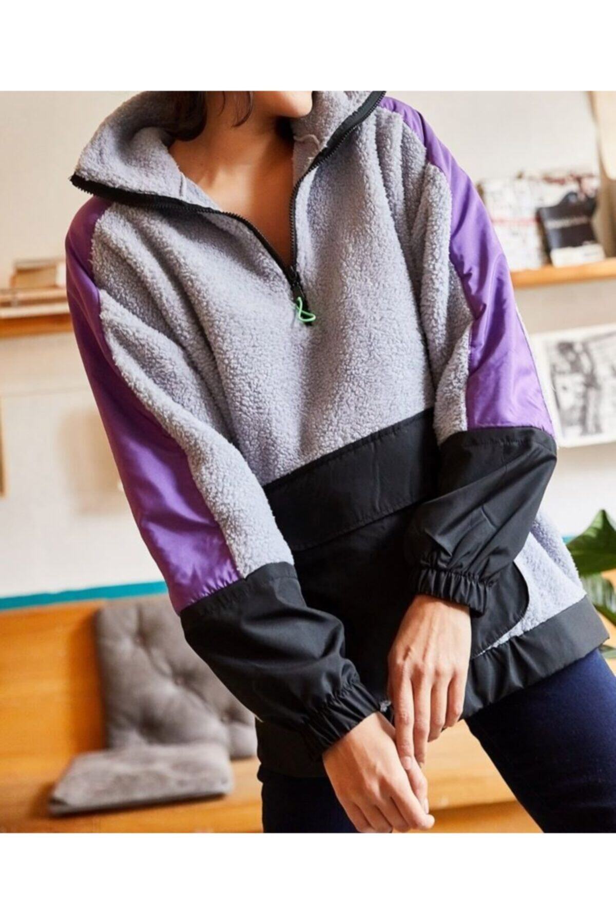 Yukimay Newyork Kadın Lila Fermuarlı Oversize Peluş Sweatshirt