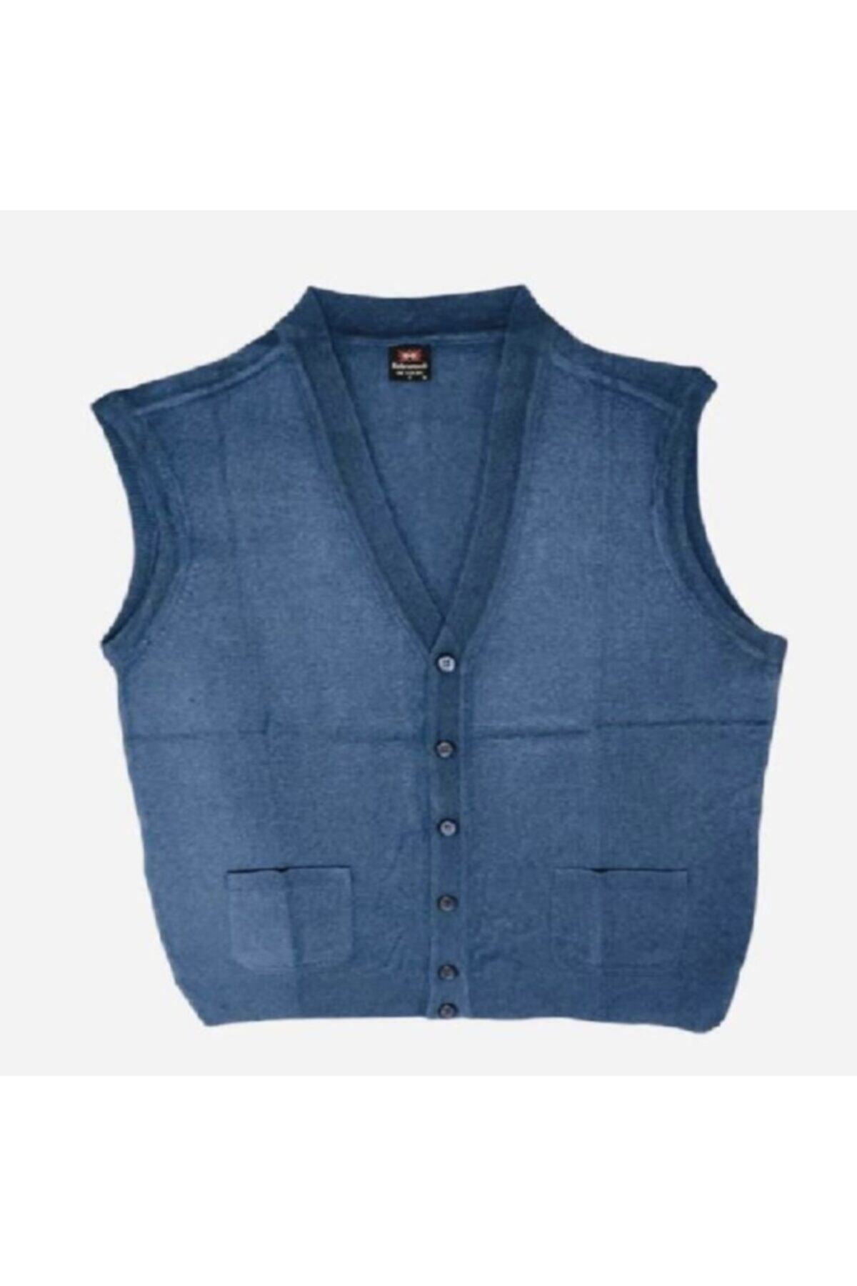 Kahraman yün Erkek Mavi Önü Düğmeli Yün Yelek