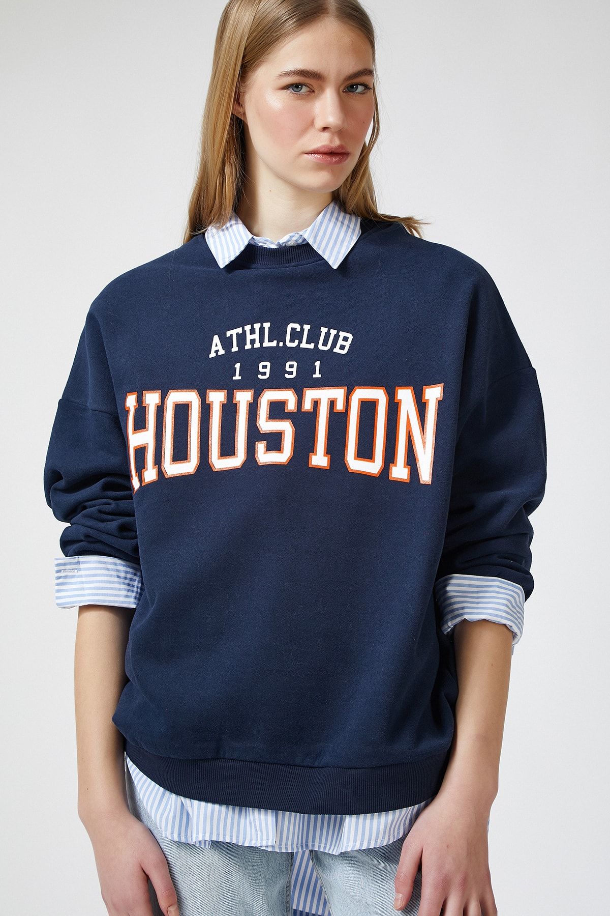 Happiness İst. Kadın Kobalt Mavi Baskılı Polarlı Sweatshirt HF00169