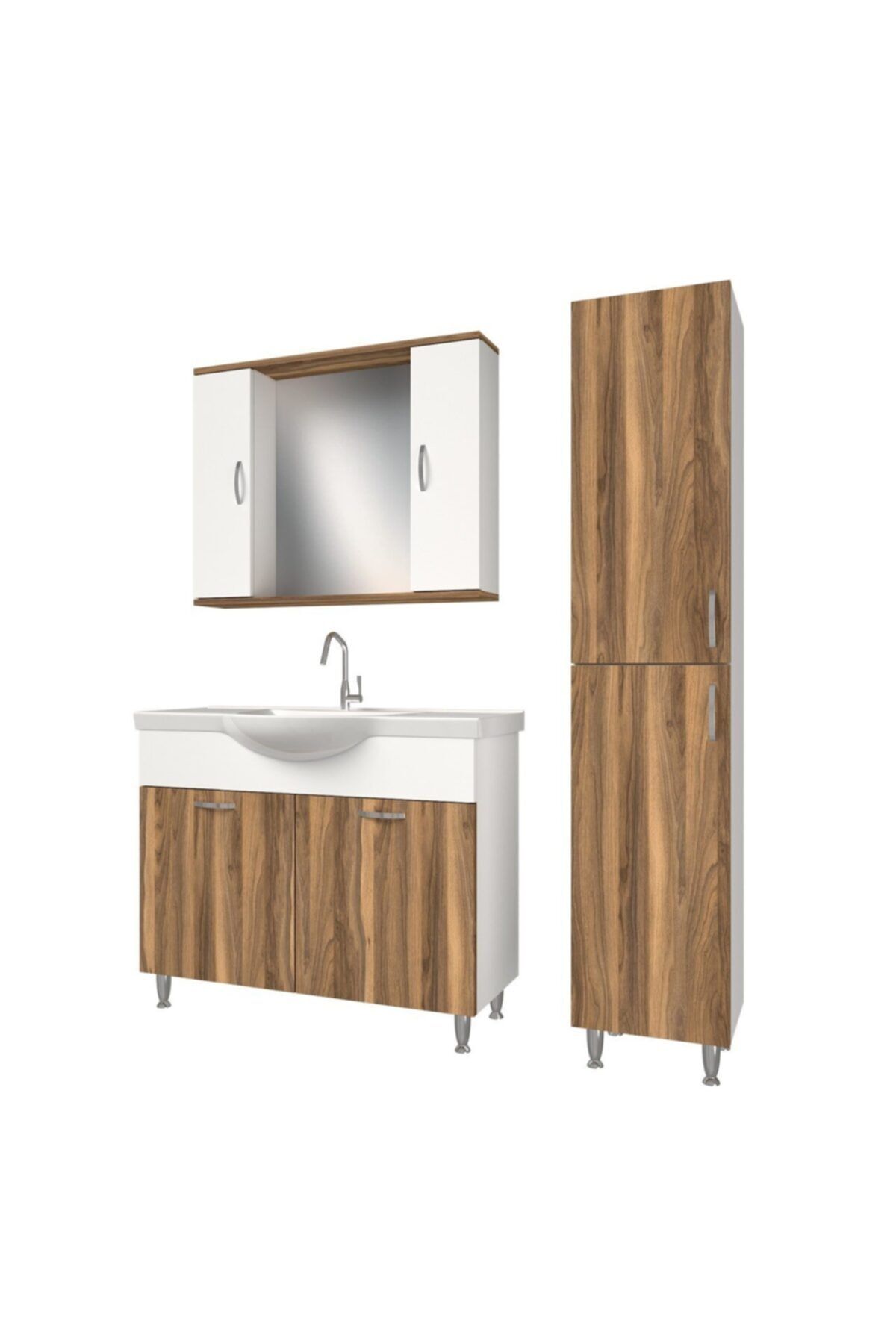 banos Kt1 Metal Ayaklı Lavabolu Tesbih Beyaz Mdf 100 Cm Banyo Dolabı Aynalı Üst Dolap Boy Dolabı