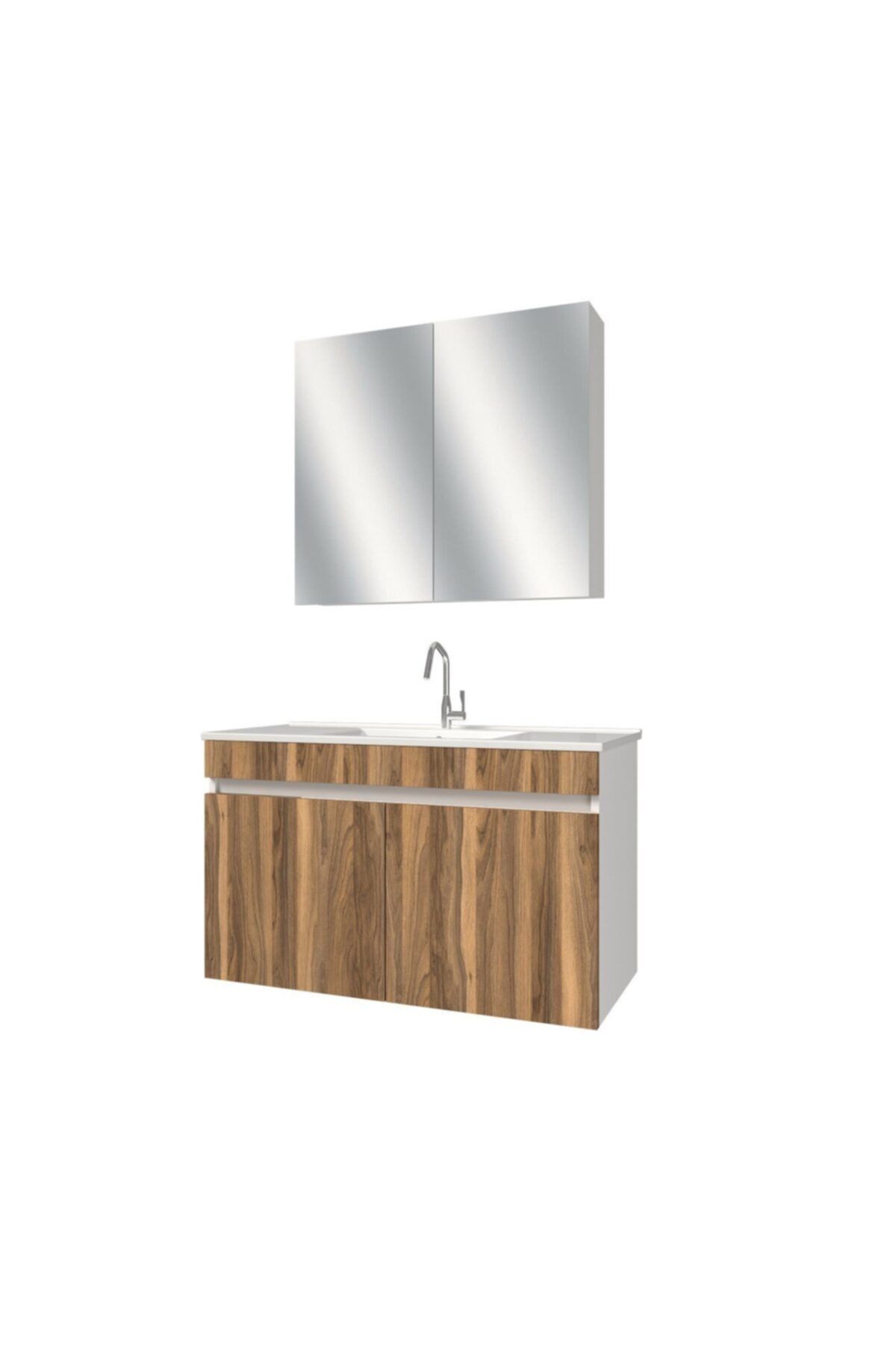 banos Al3 Ayaksız 2 Kapaklı Lavabolu Tesbih Mdf 100 Cm Banyo Dolabı Aynalı Üst Dolabı