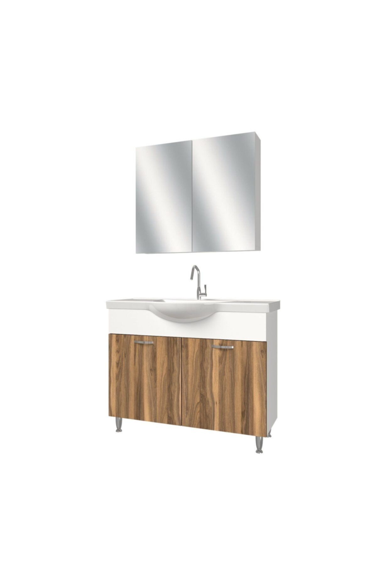 banos Al1 Metal Ayaklı 2 Kapaklı Lavabolu Tesbih Mdf 100 Cm Banyo Dolabı Aynalı Üst Dolabı