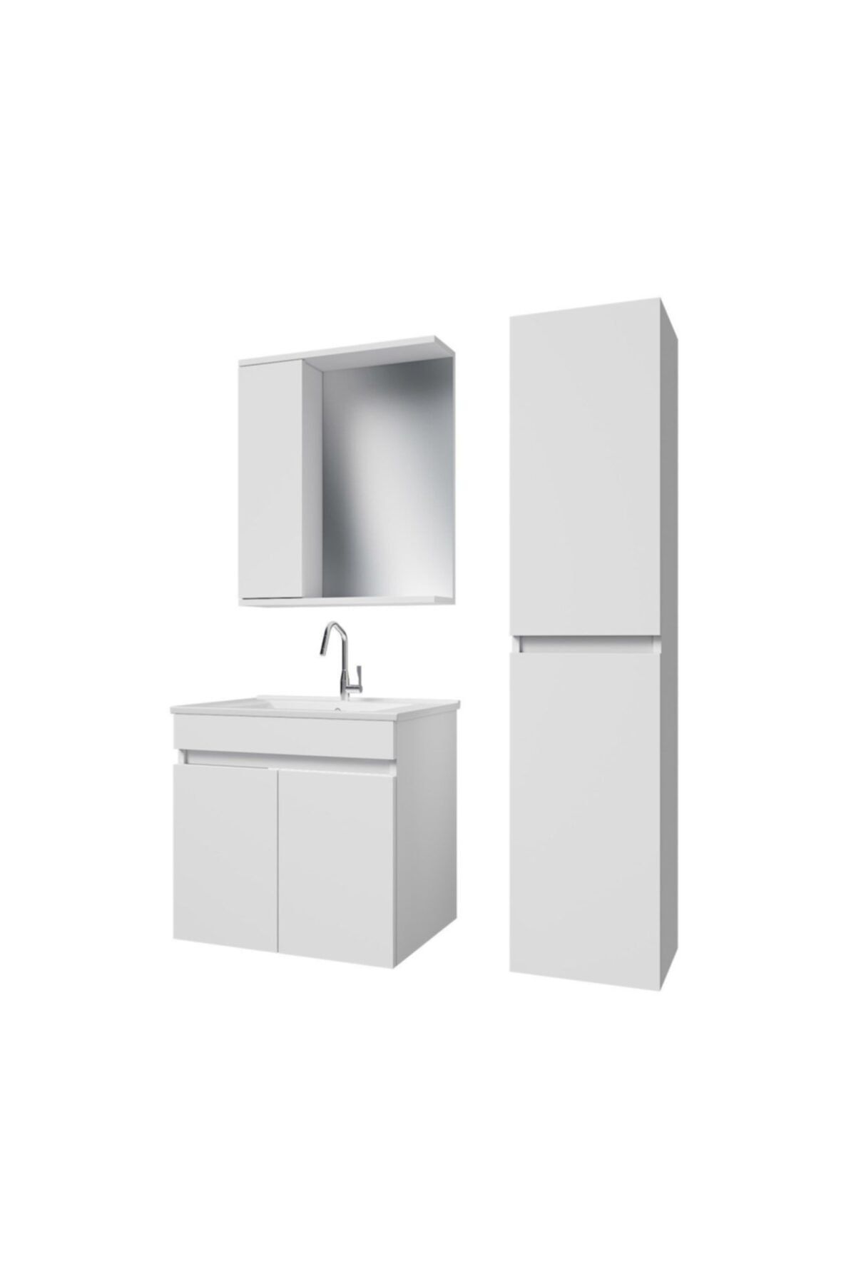 banos Kt3 Ayaksız 2 Kapaklı Lavabolu Beyaz Mdf 65 Cm Banyo Dolabı Aynalı Üst Dolap Boy Dolabı