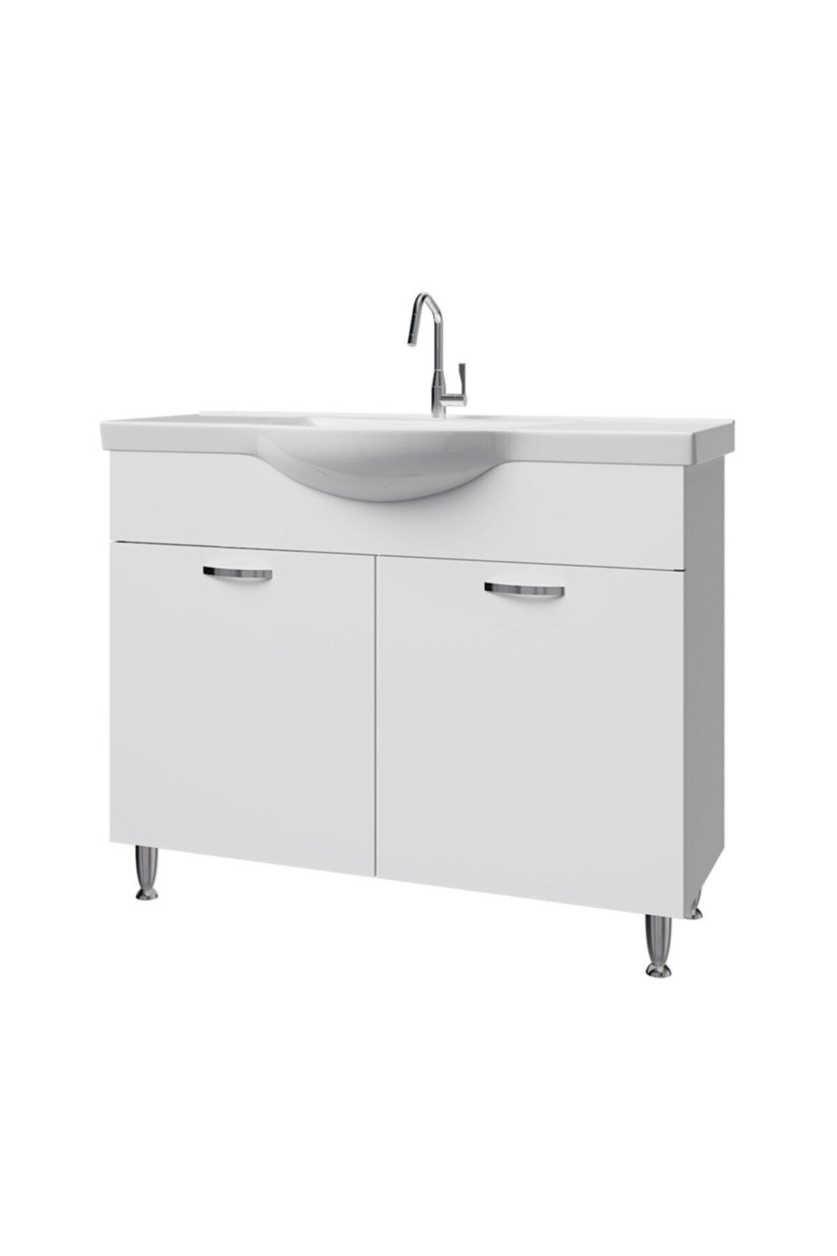 banos Ld1 Metal Ayaklı 2 Kapaklı Lavabolu Beyaz Mdf 100 Cm Banyo Dolabı