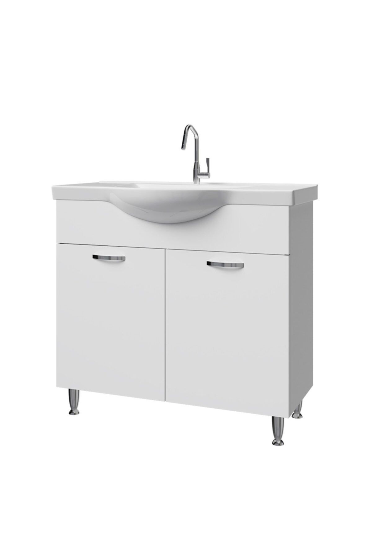 banos Ld1 Metal Ayaklı 2 Kapaklı Lavabolu Beyaz Mdf 80 Cm Banyo Dolabı