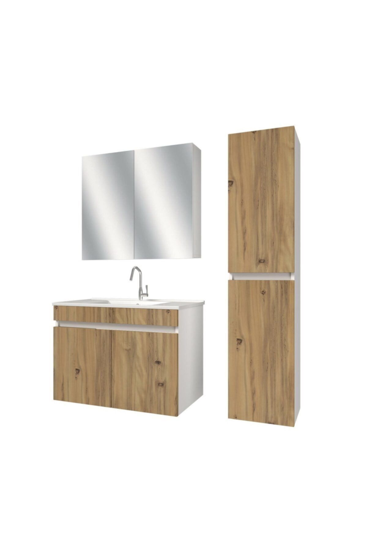 banos Tm3 Ayaksız 2 Kapaklı Lavabolu Ceviz Mdf 85 Cm Banyo Dolabı Aynalı Üst Dolap Boy Dolabı