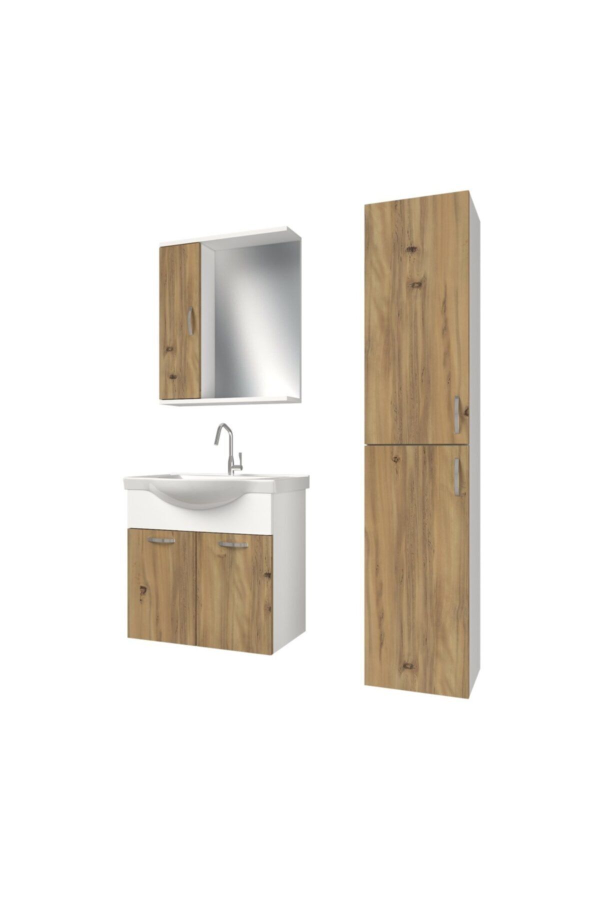 banos Kt6 Ayaksız Lavabolu Ceviz Beyaz Mdf 65 Cm Banyo Dolabı Aynalı Üst Dolap Boy Dolabı