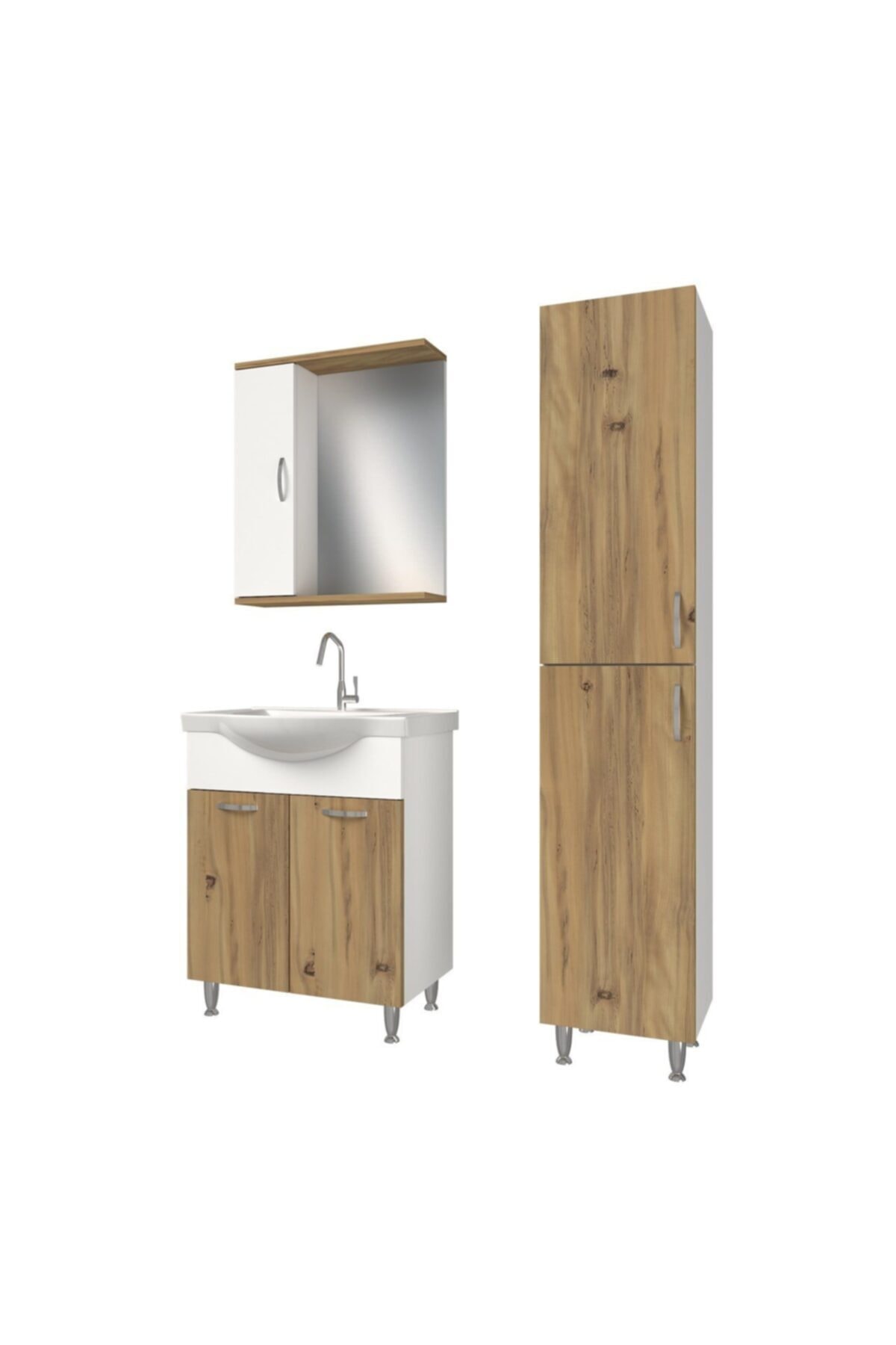 banos Kt1 Metal Ayaklı Lavabolu Ceviz Beyaz Mdf 65 Cm Banyo Dolabı Aynalı Üst Dolap Boy Dolabı